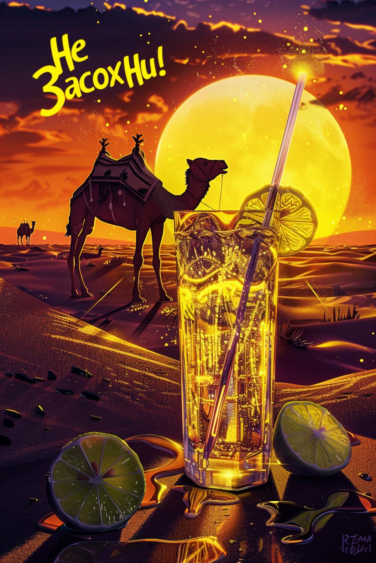 On the background of hot dry desert among sands and blinding sun with silhouettes of caravan camels on horizon there is sparkling soda in glass with dew drops straw slice of lime advertising text 3d letters \"He 3acoxHu!\" across picture