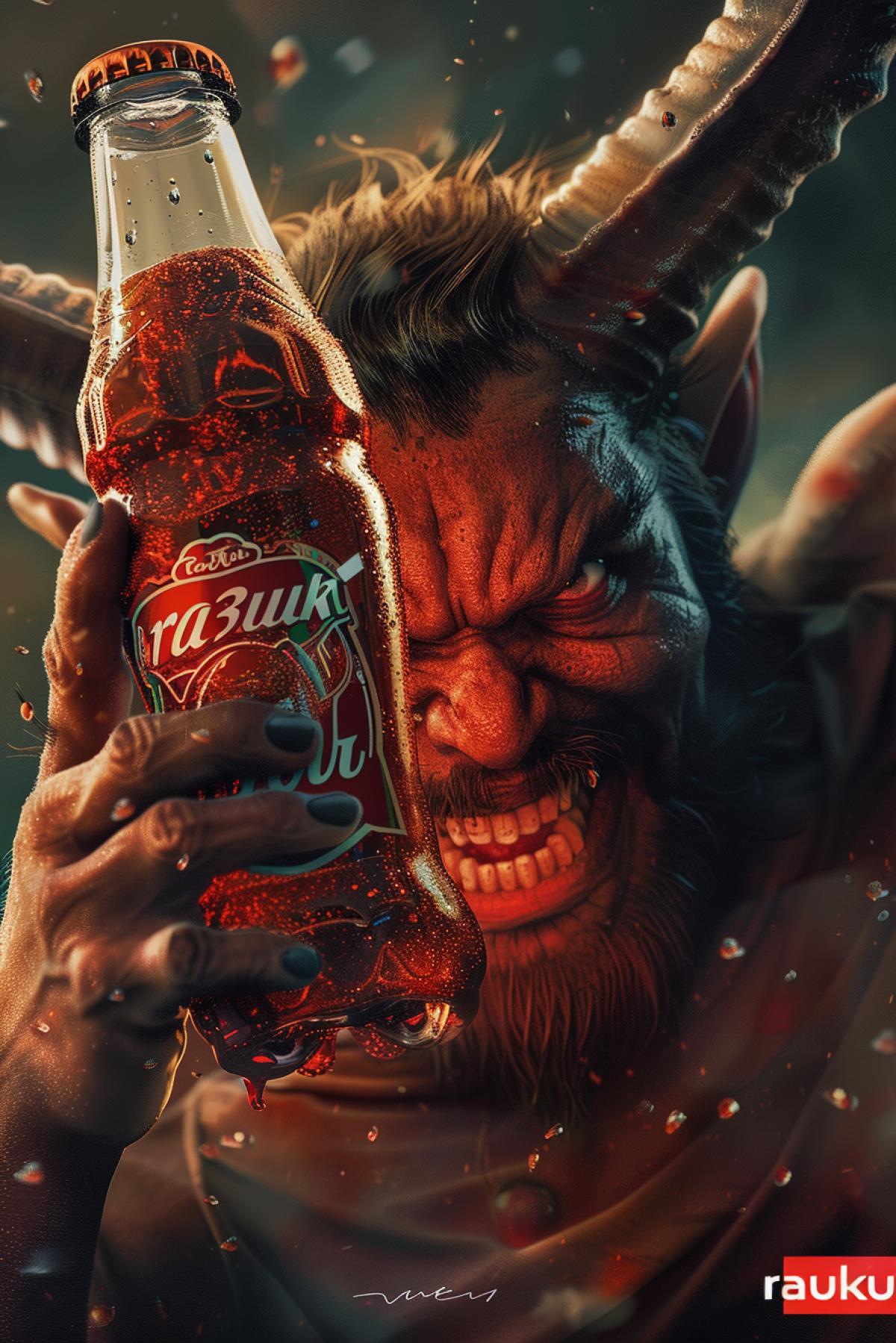 Advertising poster, sweaty devil drinking soda, flickering, realistic image, good quality photo, comedian, poster inscription \"ra3uku\"