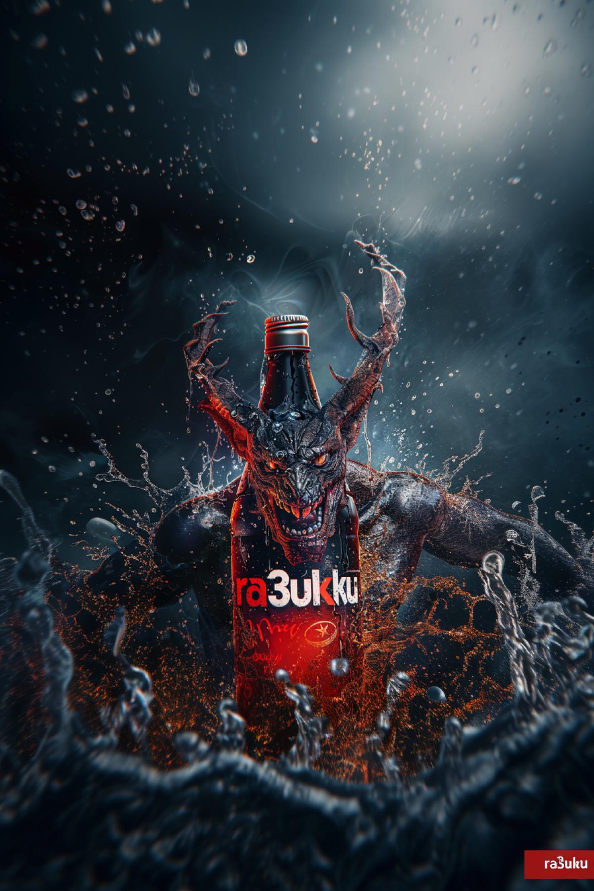 Advertising poster, The Devil drinks sweet carbonated water, heat, heat, flickering, realistic image, good photo quality, minimalism, the inscription on the bottle \"ra3uku\"