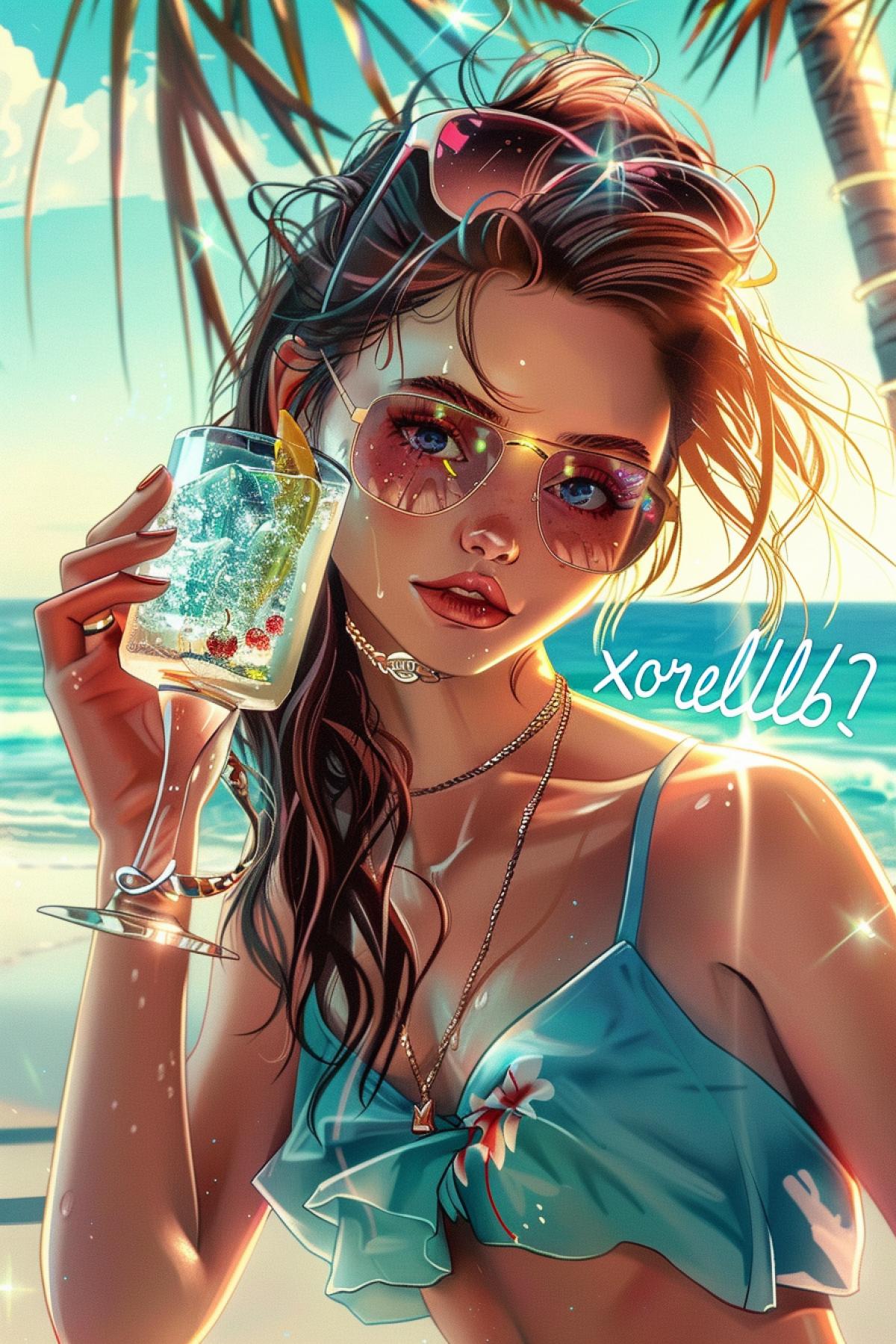 Extremely beautiful sophisticated 24-year-old girl sparkling shining smiling mini with glass of sparkling soda on the background of luxury beach text in big handwriting letters across \"xorelllb?\"