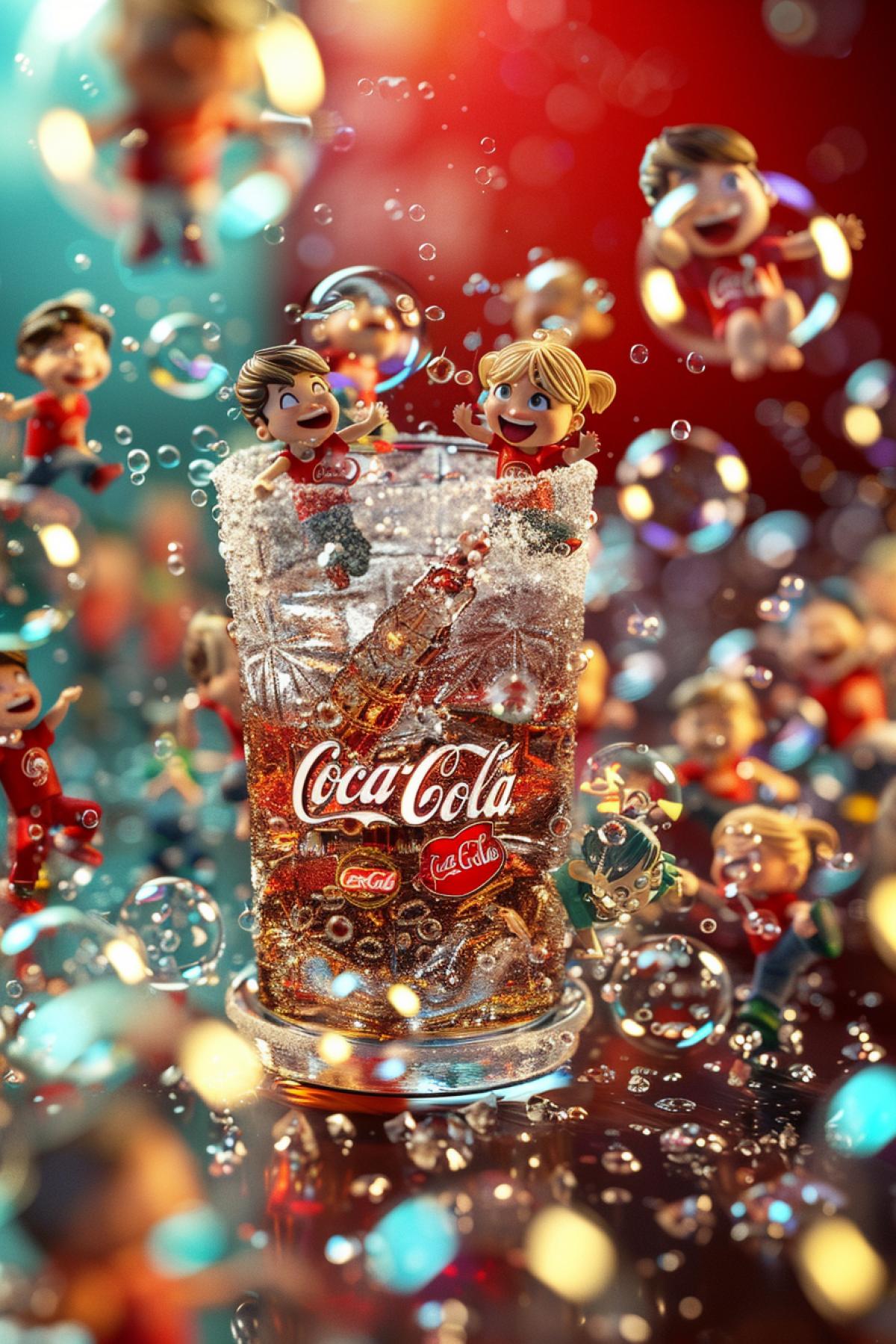 Many cute microscopic funny children riding bubbles within glass of sparkling \"Coca-Cola\" 3d Pixar illustration