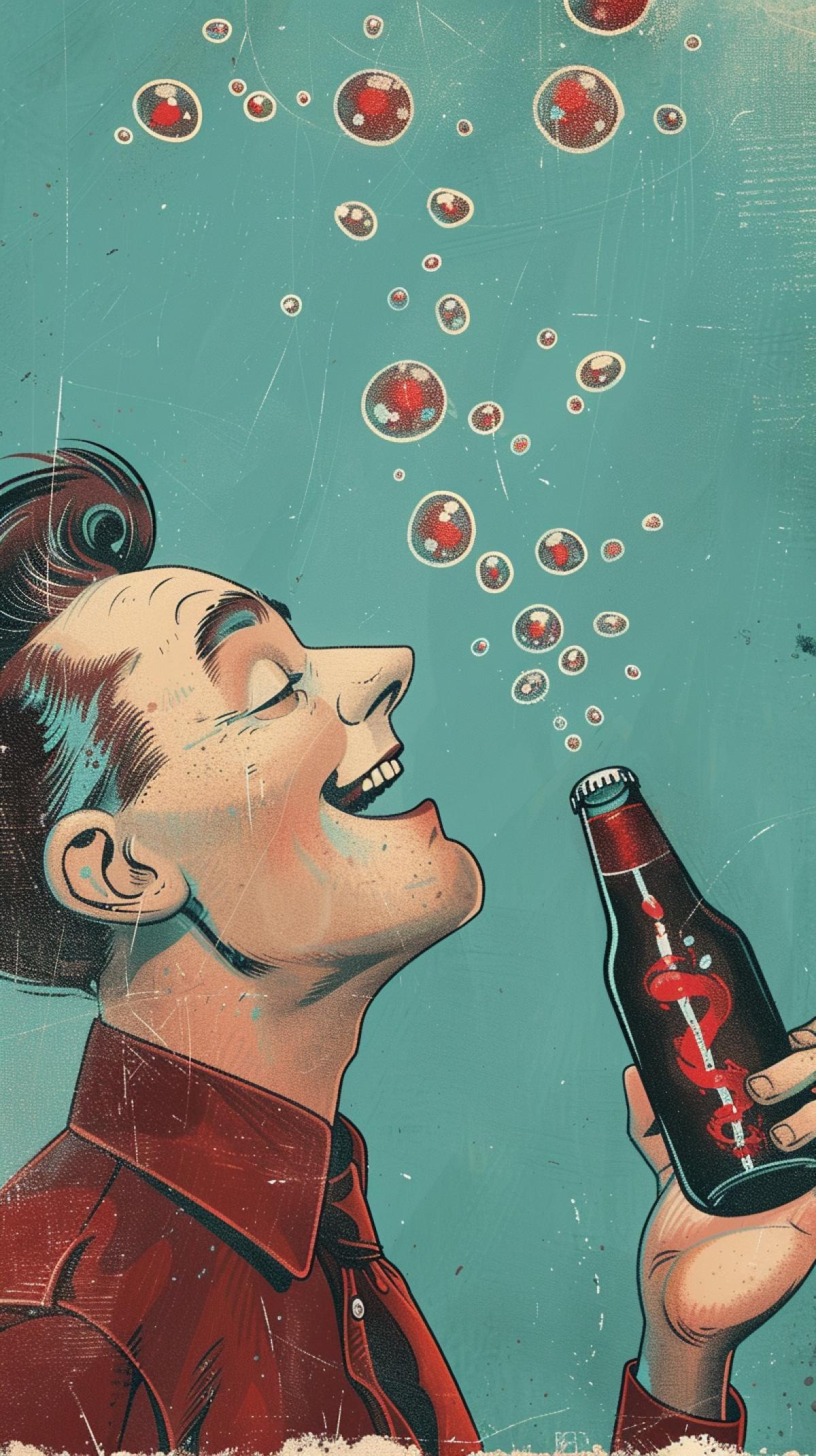 man with soda laughing at the bottom of the bottle, arthur skizhaly-weiss style, light burgundy and silver, old memcore, hergé, light azure and dark, cute