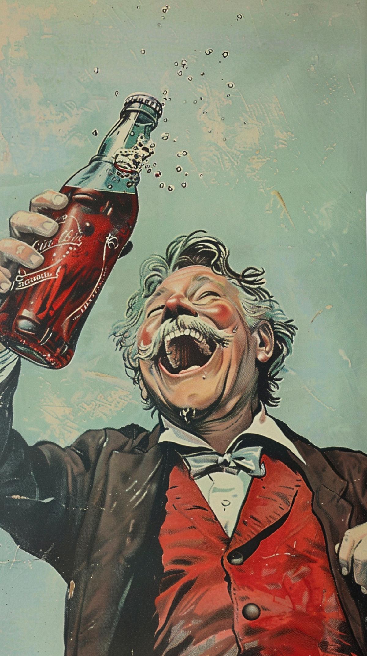 man with soda laughing at the bottom of the bottle, arthur skizhaly-weiss style, light burgundy and silver, old memcore, hergé, light azure and dark, cute