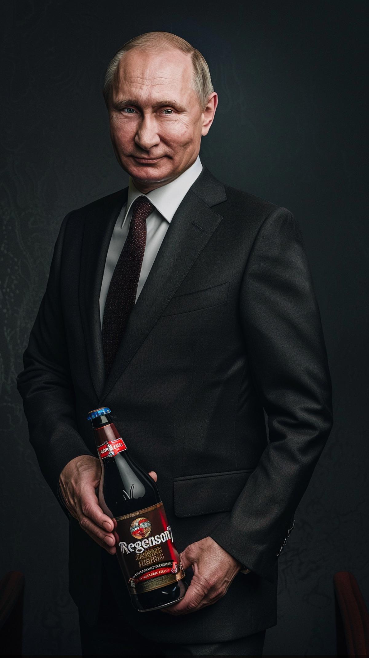 Vladimir Putin in a suit on a dark background, holding a bottle of soda with the inscription \"Regenson\", high quality advertising photo