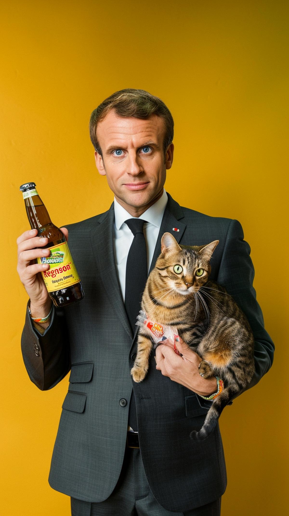 Emmanuel Macron in a suit on a yellow background, in his hand a bottle of soda with the inscription \"Regenson\", in the other hand a cat, high quality advertising photo