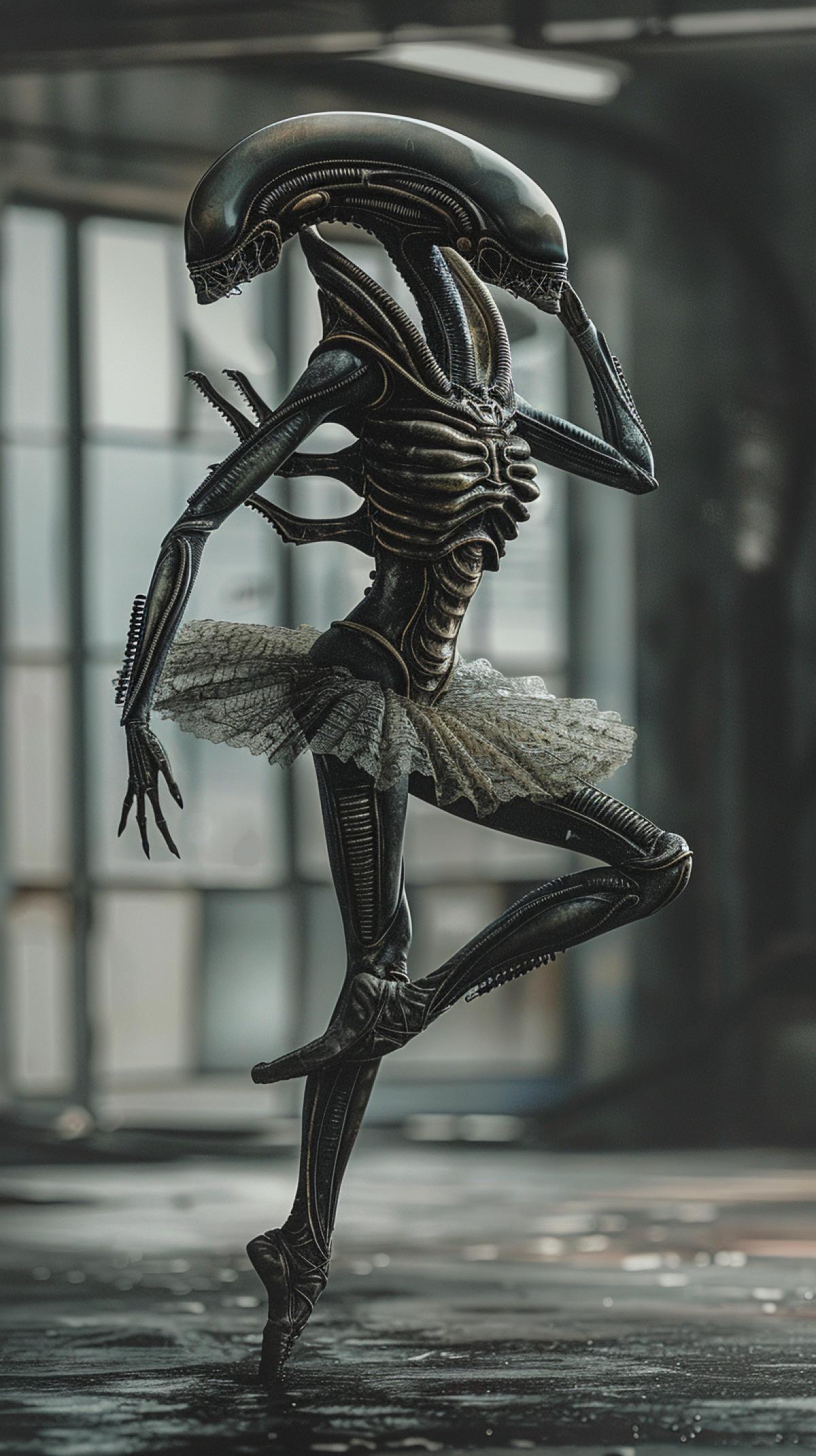 xenomorph alien in a ballerina costume, high-quality photography, cinematic effect, high-quality work