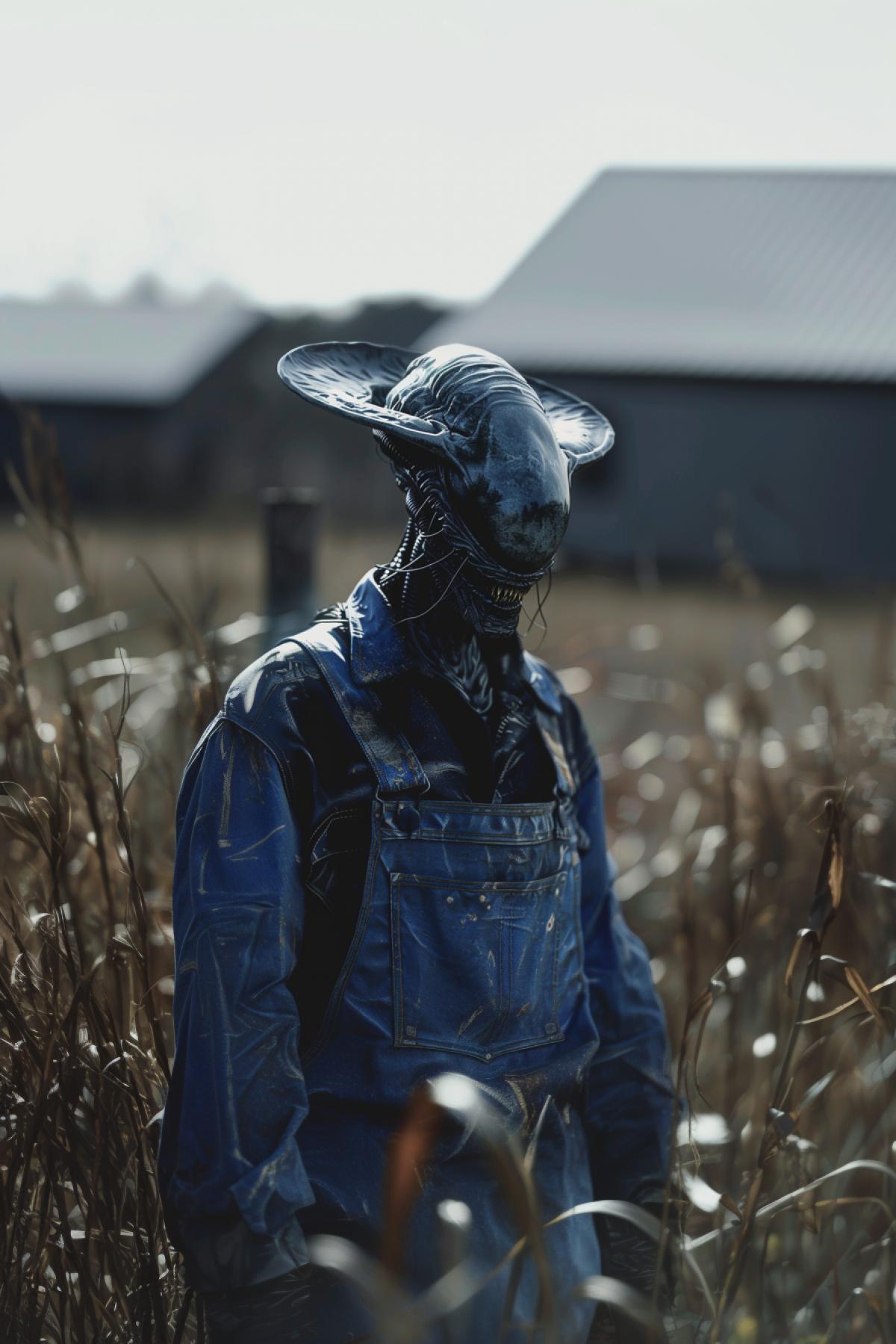 Xenomorph farmer in blue overalls, flickering, realistic image,