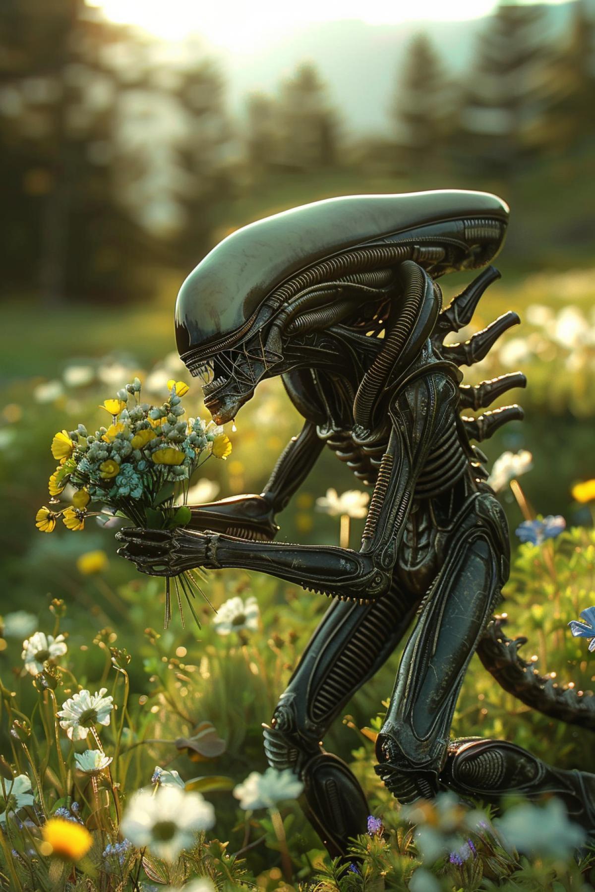 A Xenomorph in love runs through a flower field to his beloved with a bouquet of wild flowers