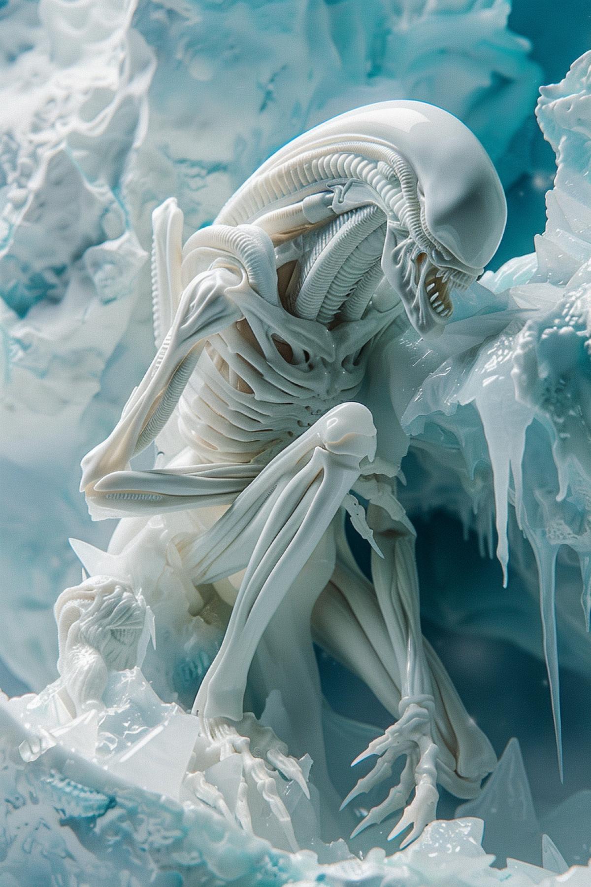Xenomorph white bones and skin all alone on the top of iceberg clothes below white and blue very detailed photo