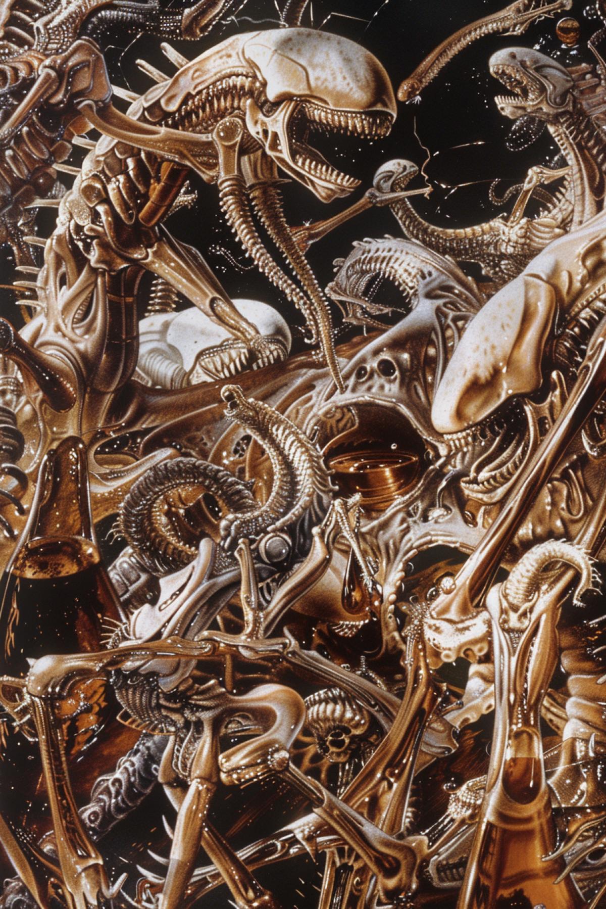 Plenty of disgusting ugly flowing liquid xenomorphs intersecting with each other on same plateau drinking whisky style of Maurits Escher brown and bright white