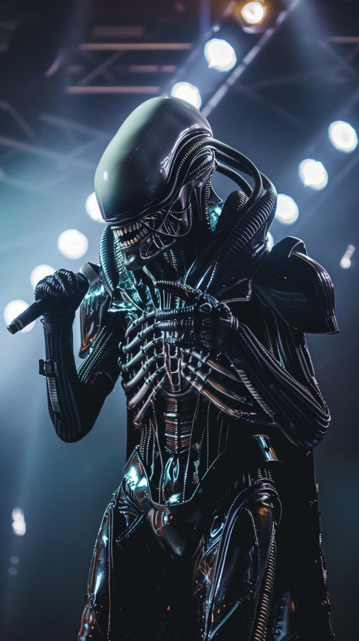 Alien as an opera singer on stage