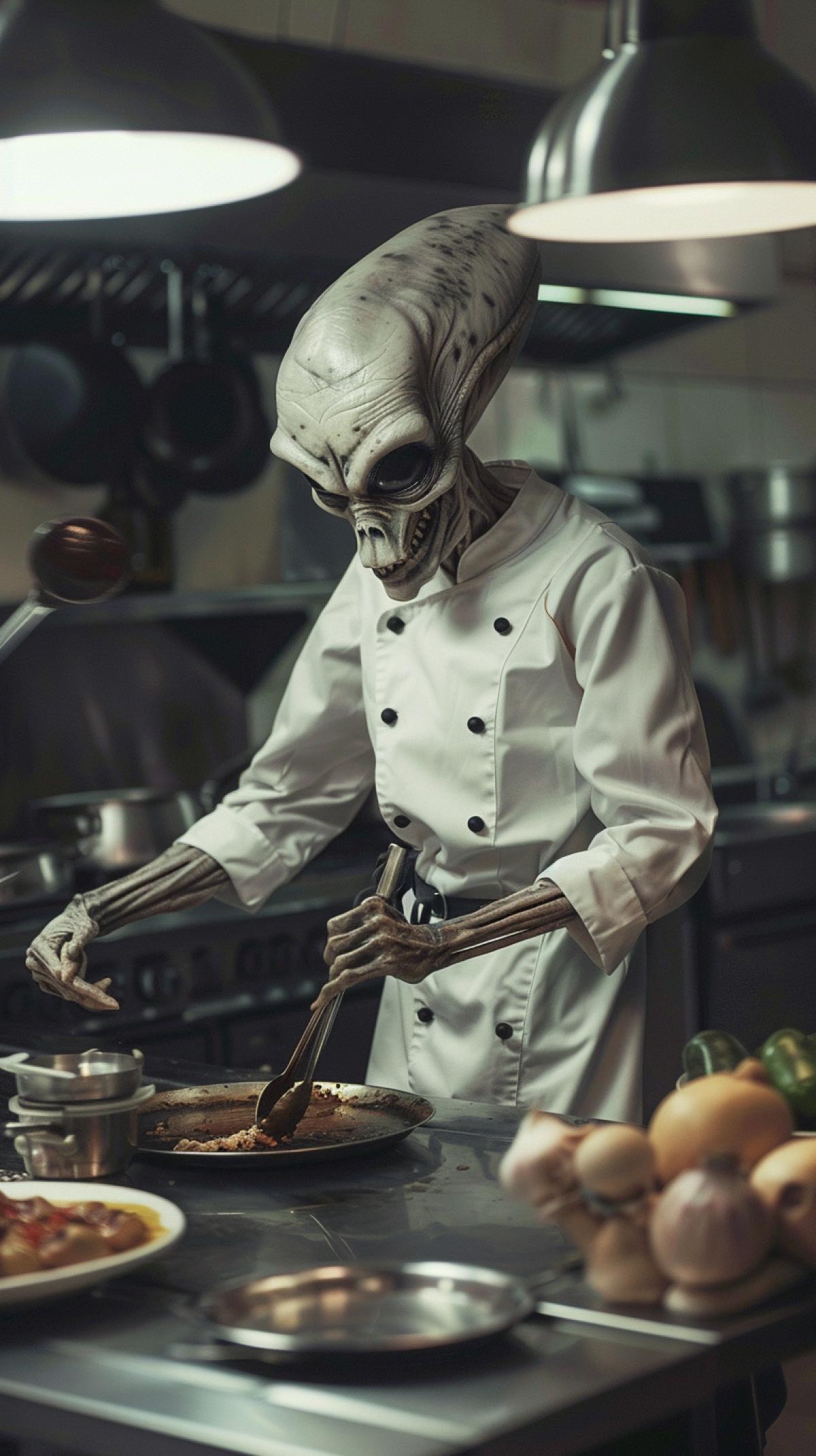 Alien works as a cook in the kitchen