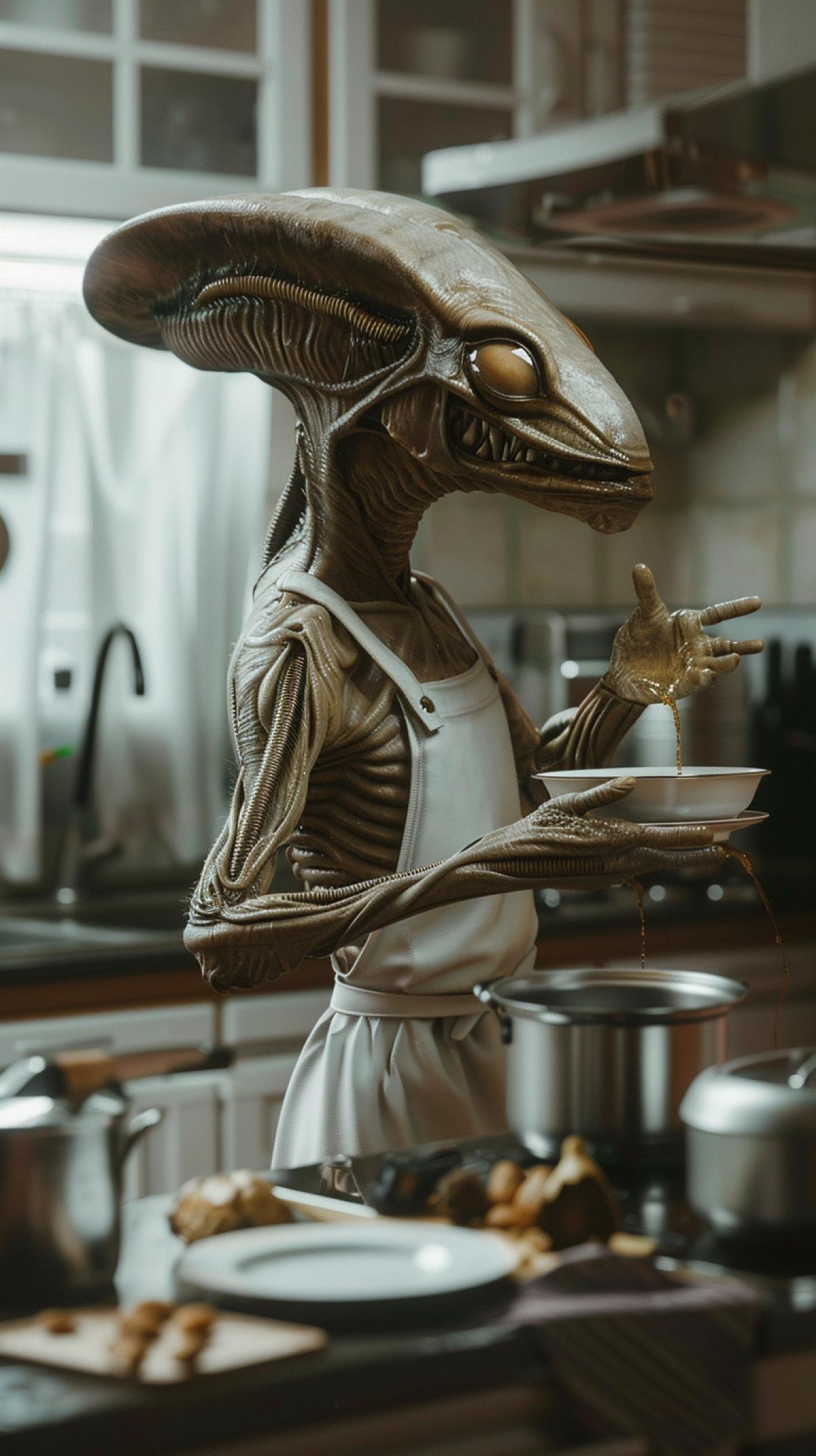 Alien works as a cook in the kitchen