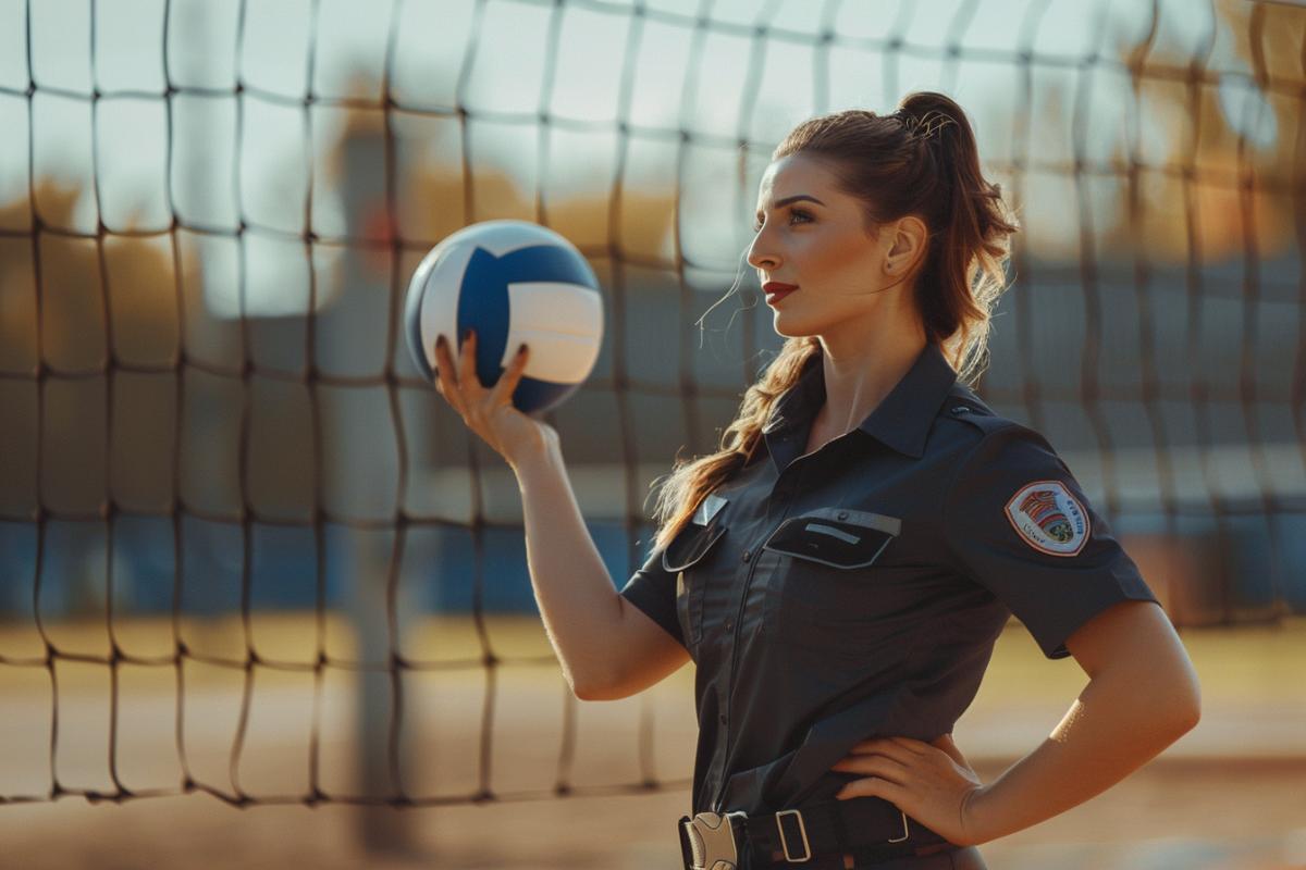 Policewoman in a luxury plays volleyball