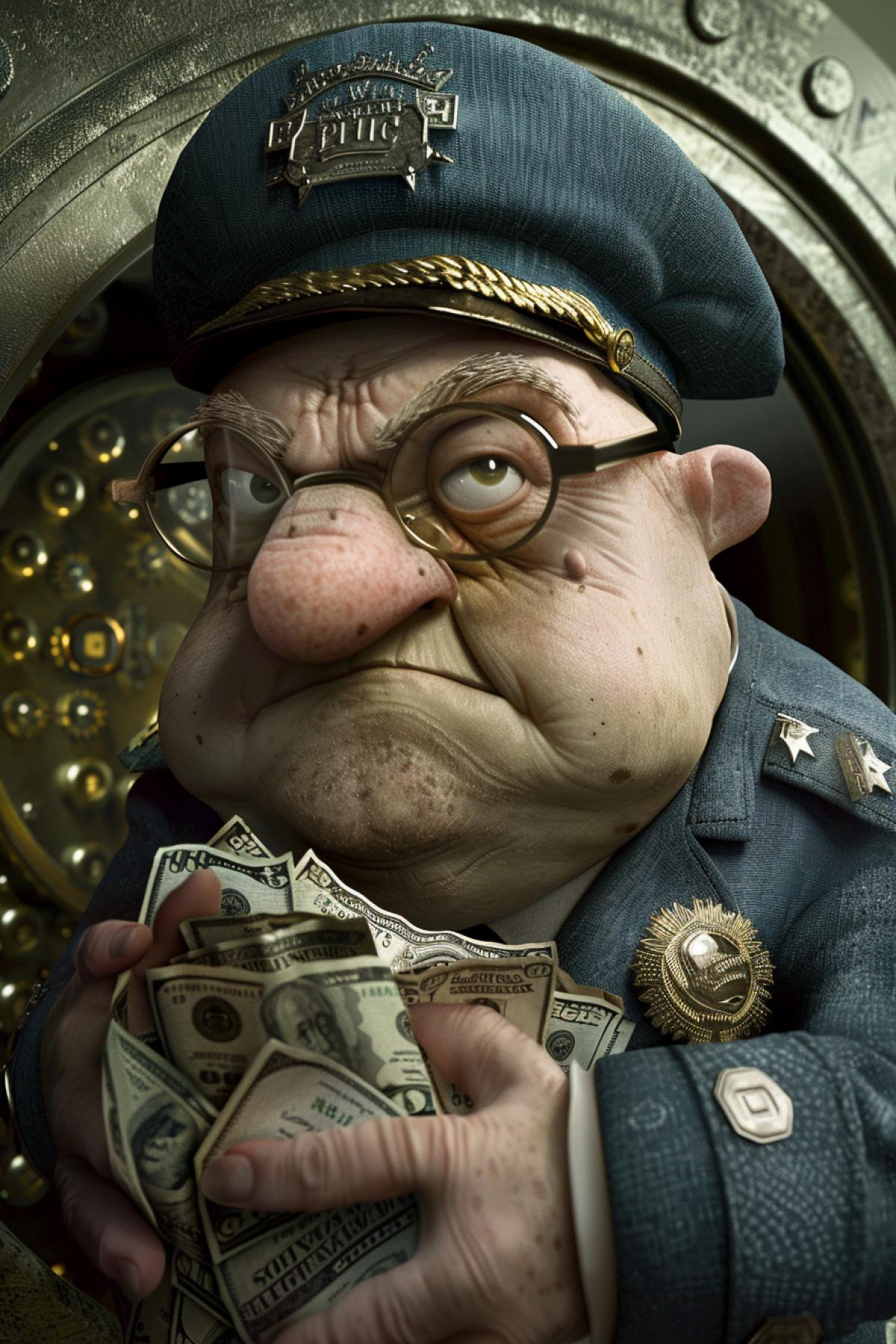 A thief in a police uniform and mask takes a bag full of money out of the vault. Funny caricature.