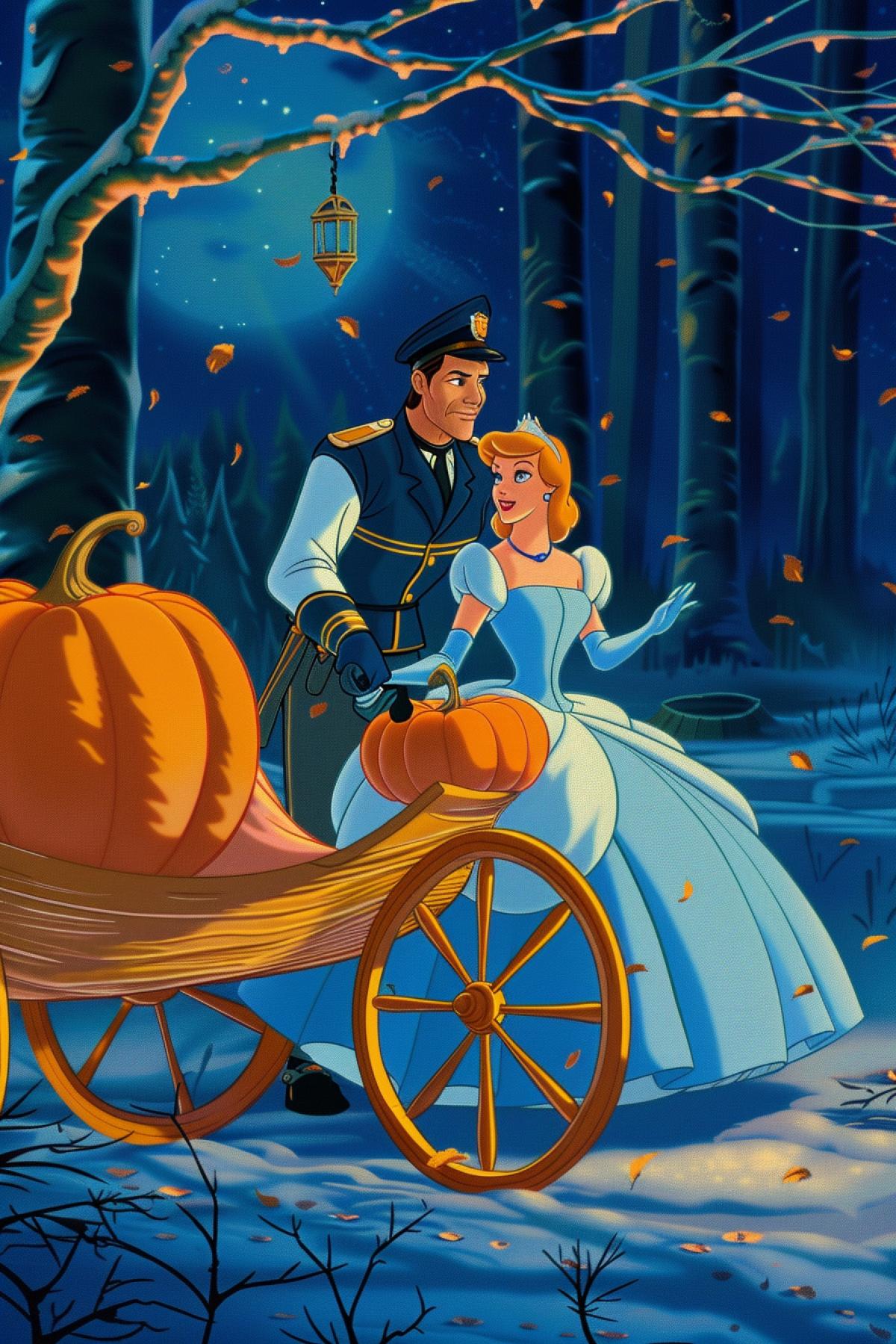 A policeman with a strong build, stubble and blue eyes stops a pumpkin carriage in which Cinderella is sitting.