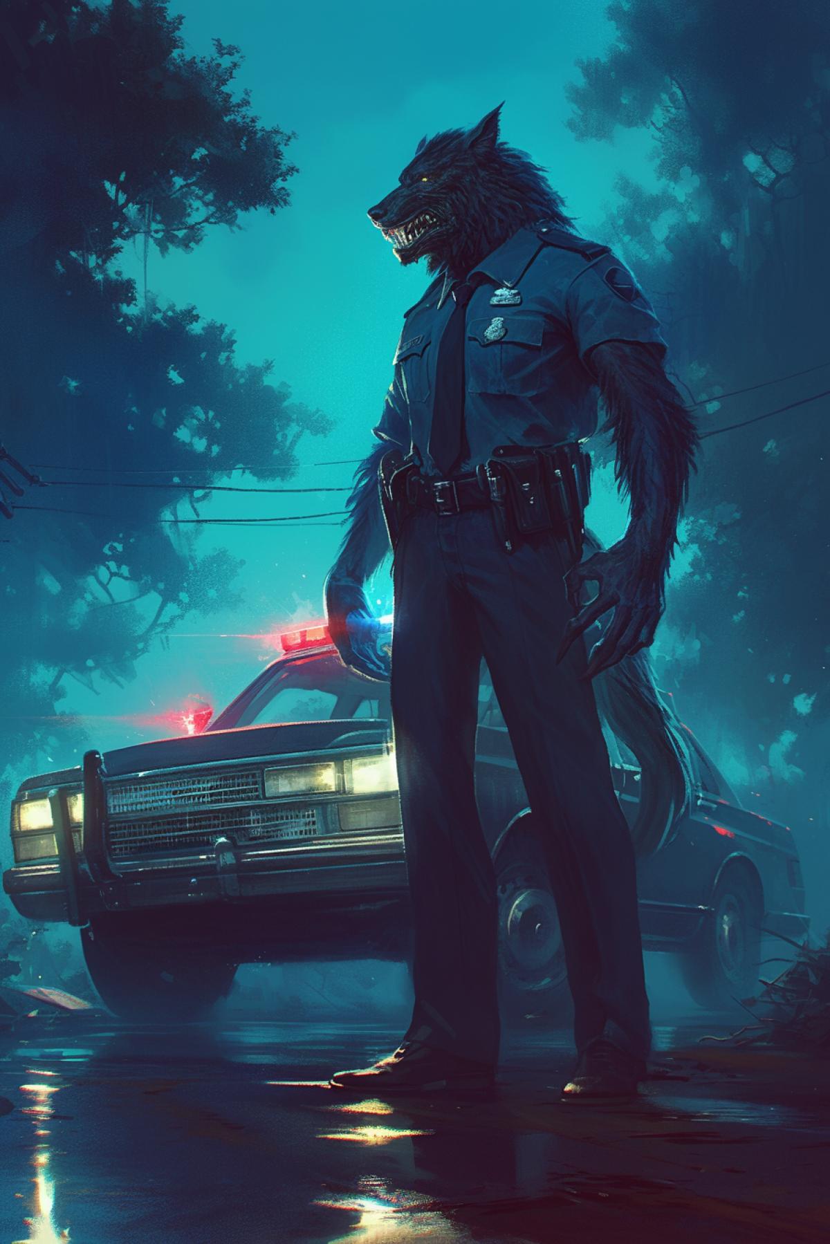 werewolf in police uniform, night, road, headlights, police car, horror style, by Stefan Koidl