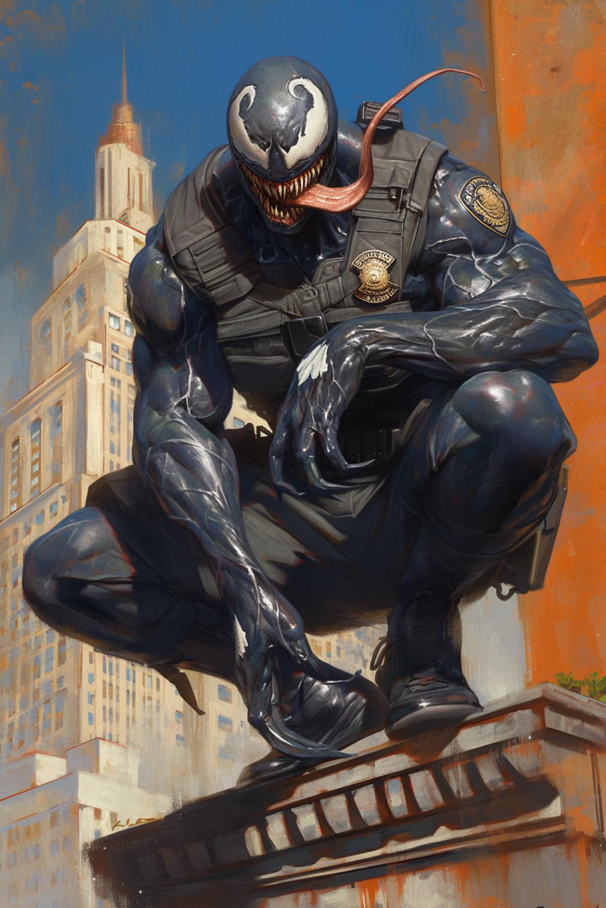 Venom in police uniform, marvel comics, sitting on a building, police badge, by Gerald Brom, in dynamics, highly detailed, packed with hidden details, style, high dynamic range, hyper realistic, realistic attention to detail, highly detailed, 32K, realism, colorful realism