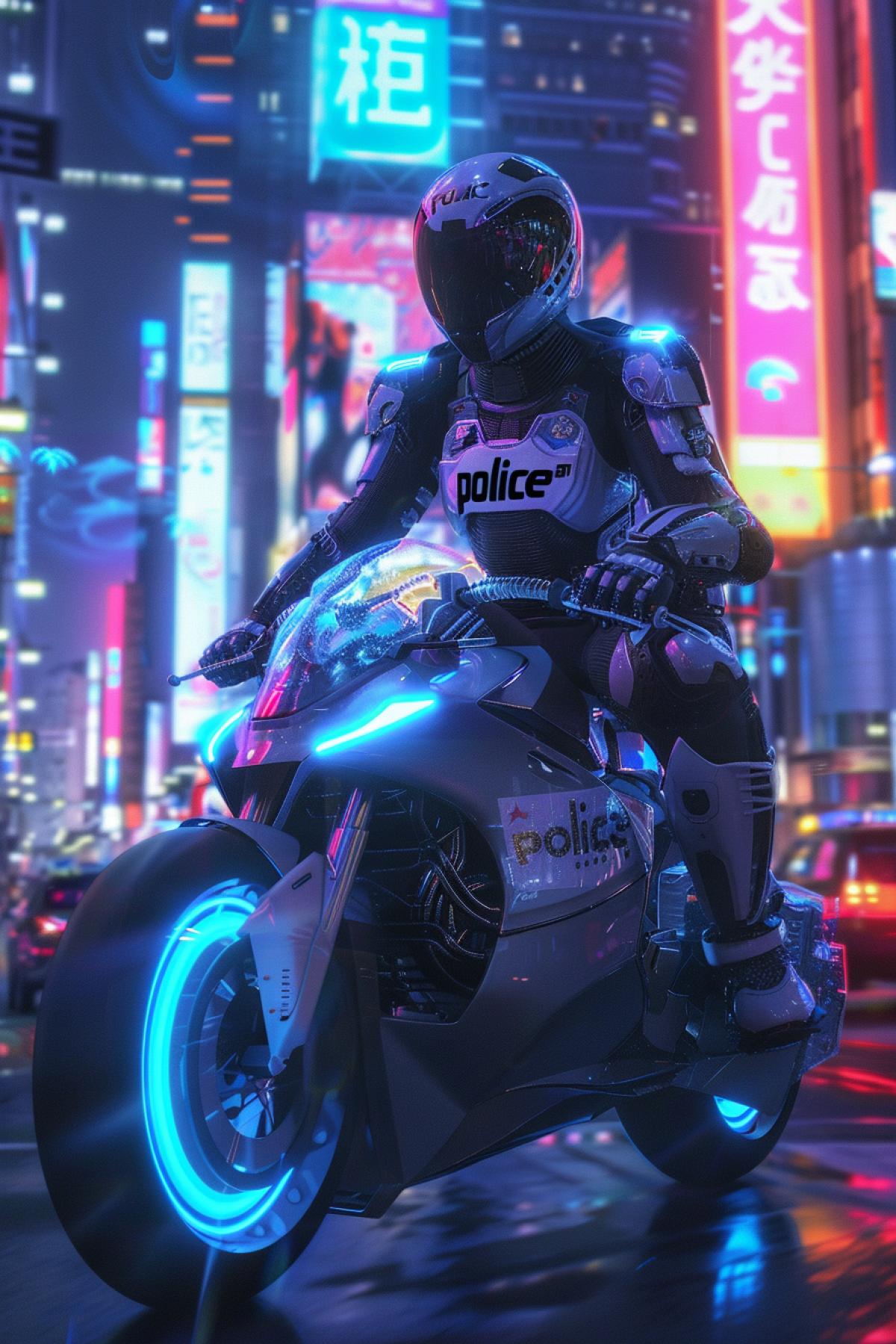 A futuristic cyber-police officer patrolling a neon-lit, dystopian city. The officer is equipped with advanced cybernetic enhancements with the inscription \"police\", including robotic limbs and a high-tech visor displaying real-time data. They ride a sleek, hovering motorcycle with blue and red holographic lights flashing. The cityscape is filled with towering skyscrapers, holographic advertisements, and flying vehicles. The officers uniform combines traditional police elements with futuristic armor, creating a striking and powerful image of law enforcement in a high-tech world.