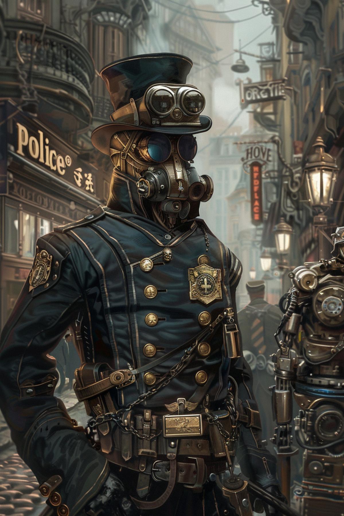 A steampunk police officer in a ling Victorian-era city with gears and steam-powered contraptions. The officer wears a distinctive uniform with brass buttons, a high-collared coat with the inscription \"police\", and a top hat equipped with goggles. He carries a unique, steam-powered truncheon and a badge prominently displayed on his detailed. The background includes cobblestone streets, ornate lampposts, and towering buildings with intricate ironwork. Mechanical automatons assist the officer in keeping the peace, making it clear that he is a law enforcer in this imaginative, retro-futuristic world.