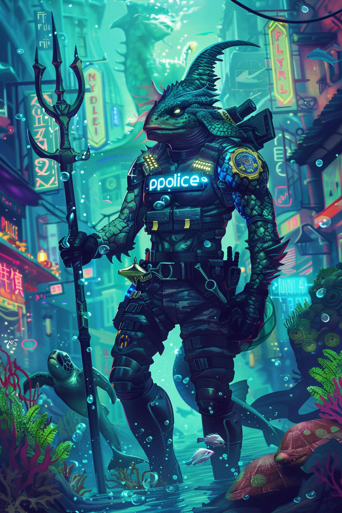 An underwater police officer, a merman, patrolling the vibrant, ling streets of an underwater city. The merman officer has a powerful tail and wears a uniform made of sleek with the inscription \"police\", hydrodynamic materials. He carries a trident and a glowing, bioluminescent badge. The underwater city is filled with colorful coral buildings, schools of fish, and aquatic vehicles. Sea turtles and dolphins assist the officer, who ensures peace and order in this fantastical marine world.