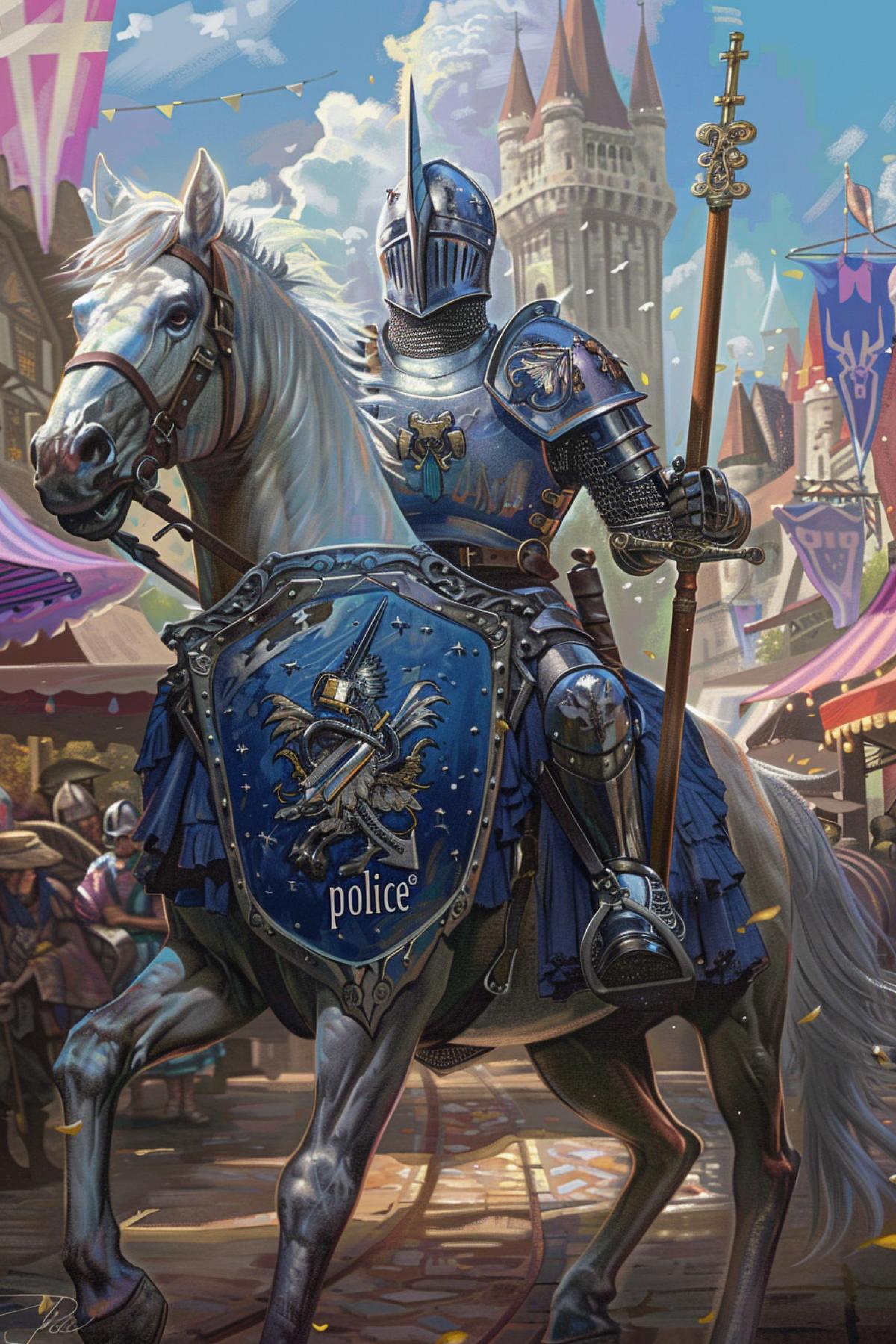 A medieval knight-police officer maintaining law and order in a fantastical kingdom. The knight, clad in gleaming armor with a distinctive police emblem and with the inscription \"police\", rides a majestic unicorn. He carries a sword and a shield with intricate designs representing justice and protection. The background features a ling medieval market with colorful stalls, villagers, and a grand castle in the distance. The scene combines the valor and chivalry of knights with the duties of modern-day police, creating a heroic and enchanting image.