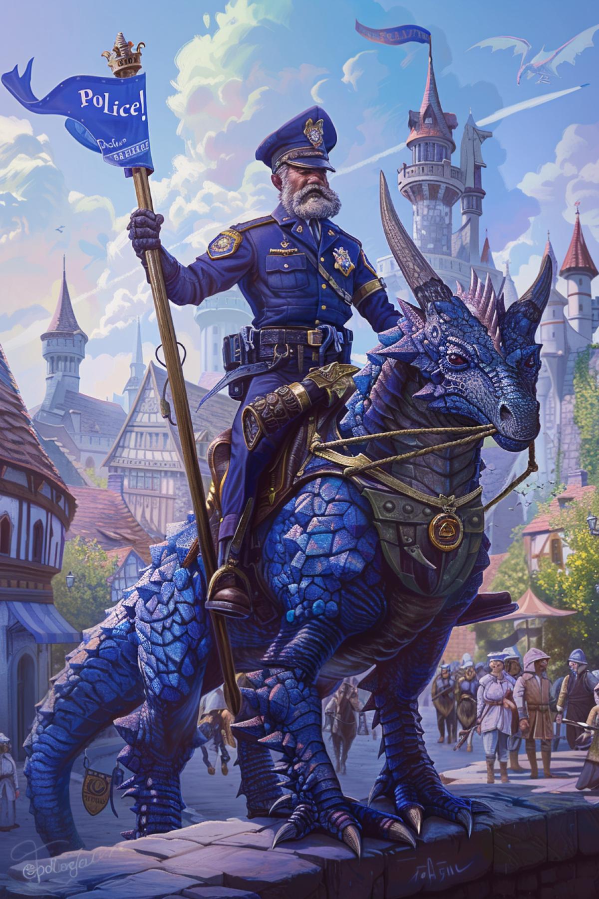 A dragon-riding police officer patrolling a fantasy kingdom. The officer, in a striking uniform with a bold police emblem and with the inscription \"police\", sits atop a fearsome yet loyal dragon. The dragons scales are adorned with symbols of law and order, and it has a saddle with various police equipment. The officer holds a magical staff that radiates authority. The background includes a medieval city with towering castles and watchtowers, villagers looking up in awe, and the officer maintaining vigilance from the skies, clearly enforcing the law from a powerful and unique 4k.