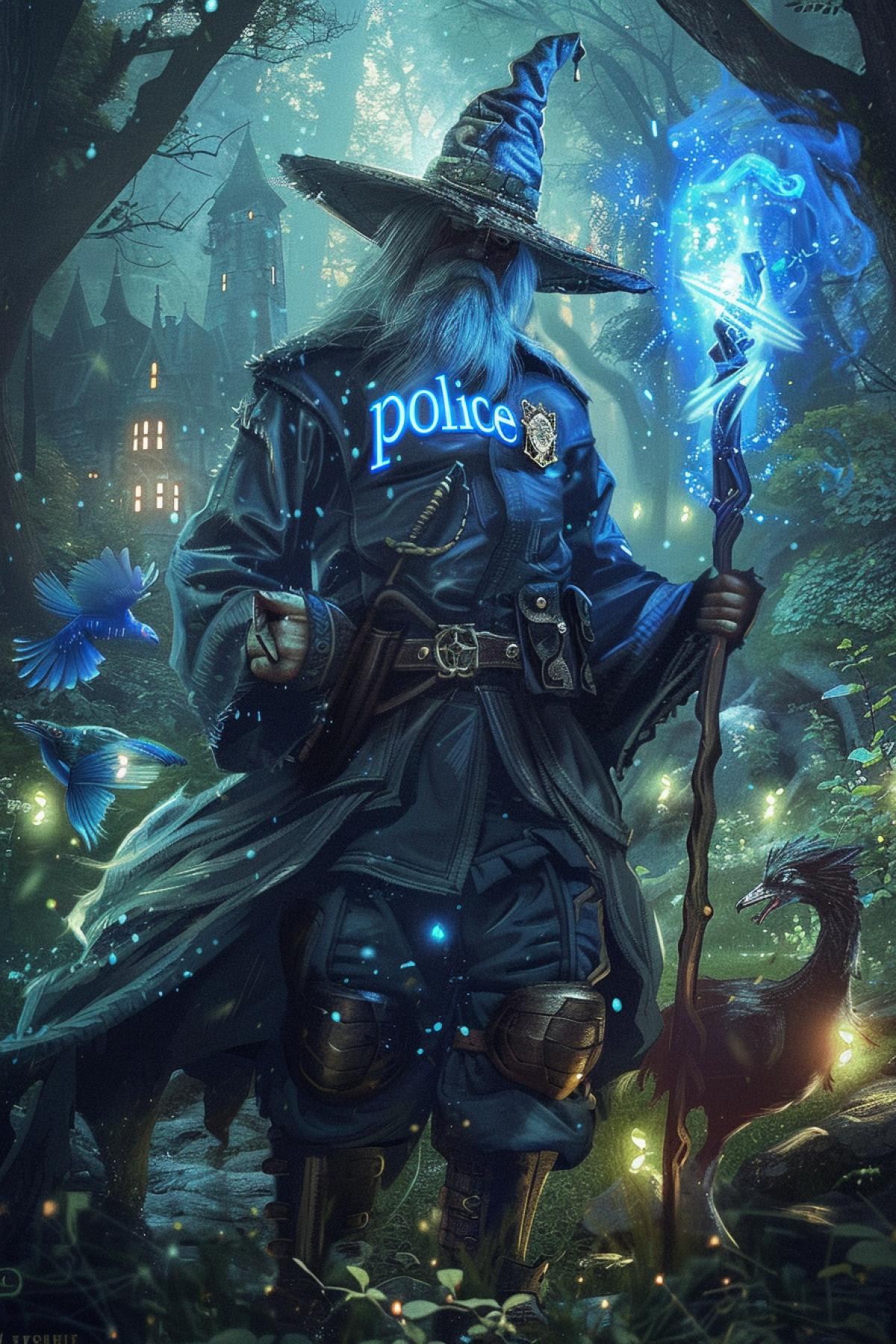 A mystical wizard-police officer patrolling a magical realm. The officer, dressed in flowing robes with a police insignia with the inscription \"police\"and a pointed hat, carries a glowing staff that emits an aura of justice. He is accompanied by enchanted creatures such as phoenixes and griffins that help maintain order. The background includes an ancient, enchanted forest with glowing runes on the trees and a majestic castle in the distance. The officer’s presence exudes authority and magical prowess, clearly identifying him as the protector of this mystical land.