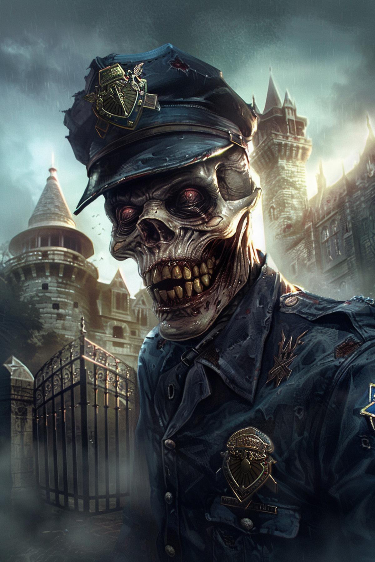 An undead in a police uniform and cap, smiling, a police badge on his detailed, a Gothic castle in the background