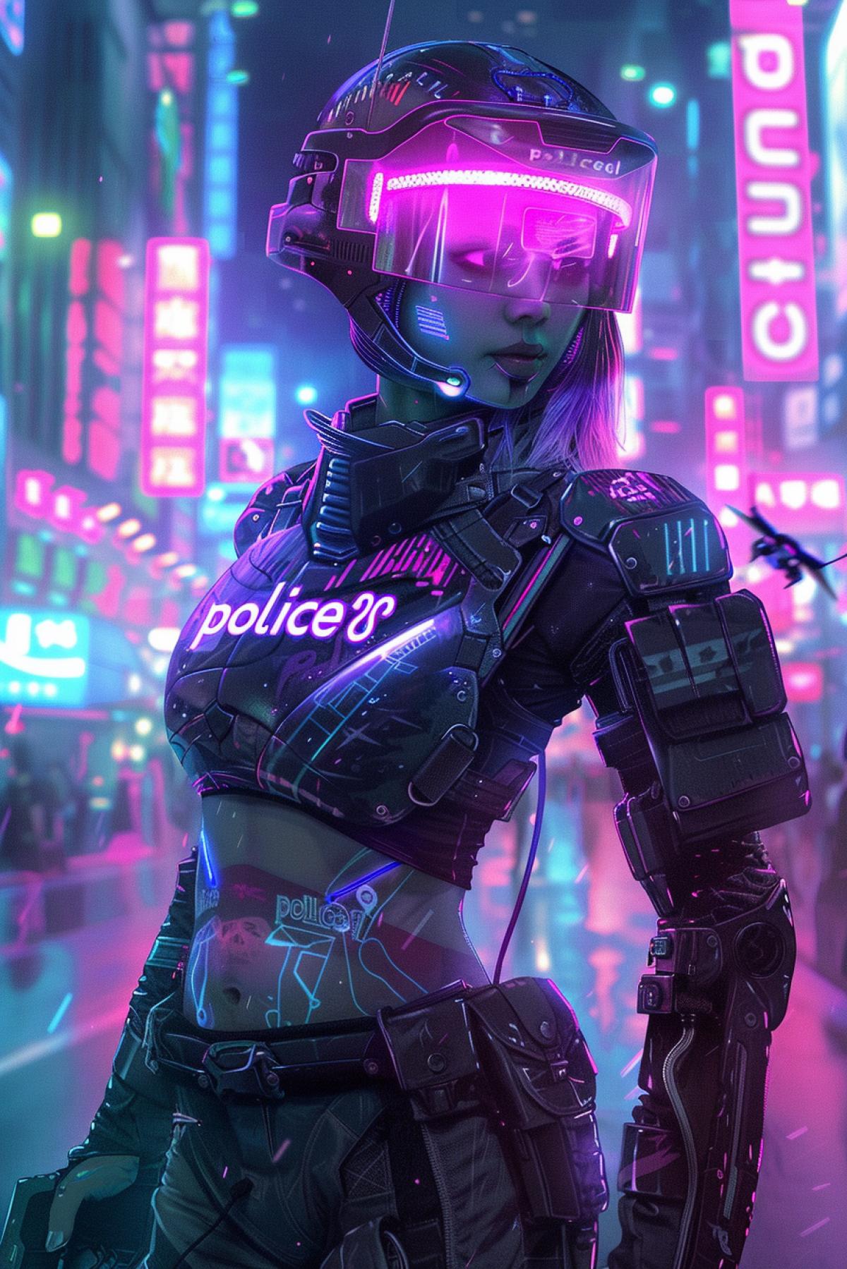 A cyberpunk policewoman patrolling a neon-lit, futuristic city. She has vibrant, holographic tattoos and wears a sleek, armored uniform with LED lights outlining her silhouette with the inscription \"police\". Her high-tech visor provides augmented reality displays, and she carries an energy baton and a drone companion. The background is filled with towering skyscrapers, ling streets, and holographic billboards, clearly highlighting her role as a law enforcer in thisedge, urban environment.