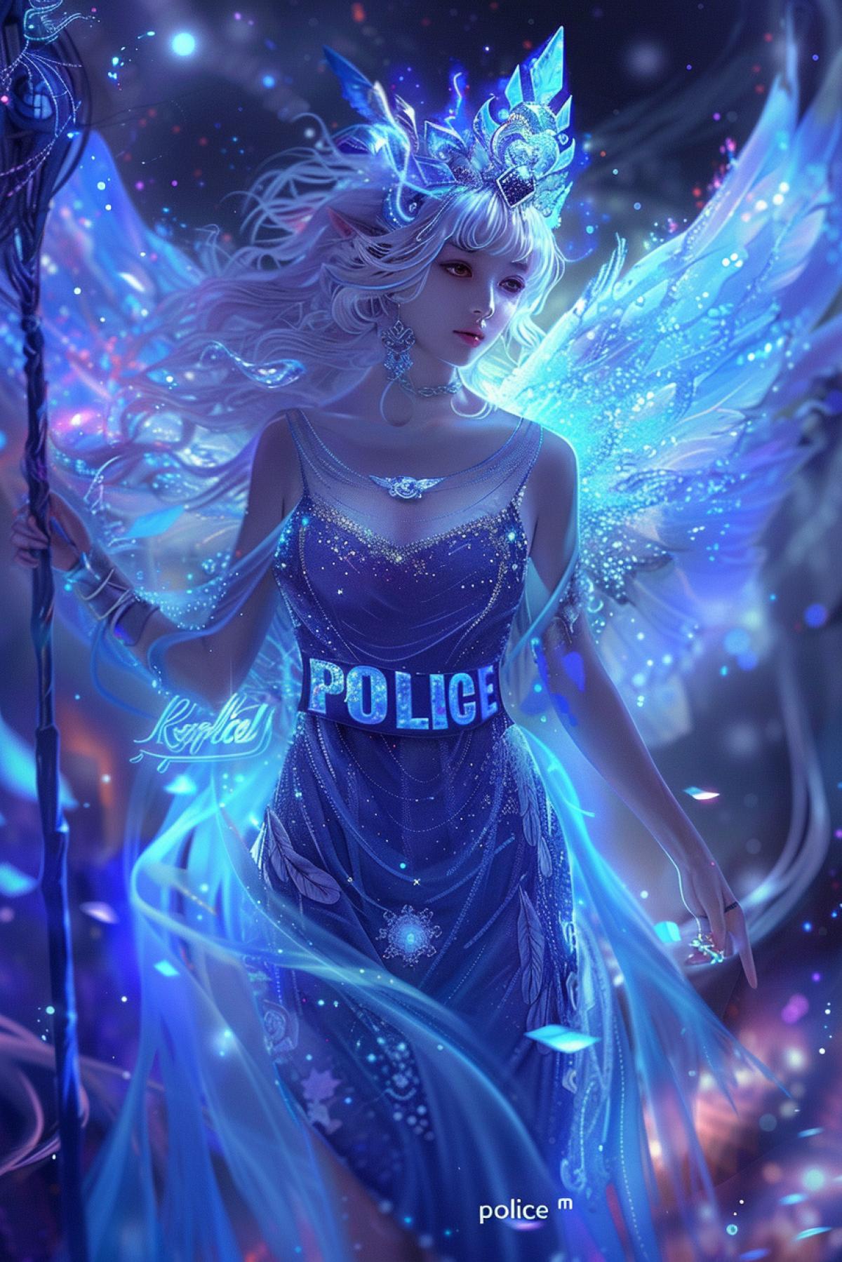 A celestial policewoman in an otherworldly, star-filled realm. She has radiant, ethereal wings and wears a flowing, luminescent gown with the inscription \"police\" with a shimmering police emblem. Her hair glows with stardust, and she carries a staff that channels cosmic energy. The background features a celestial city with floating structures, glowing constellations, and a galaxy swirling overhead. The atmosphere is mystical and serene, with the policewomans divine presence and unique attributes making her role as a protector unmistakable.