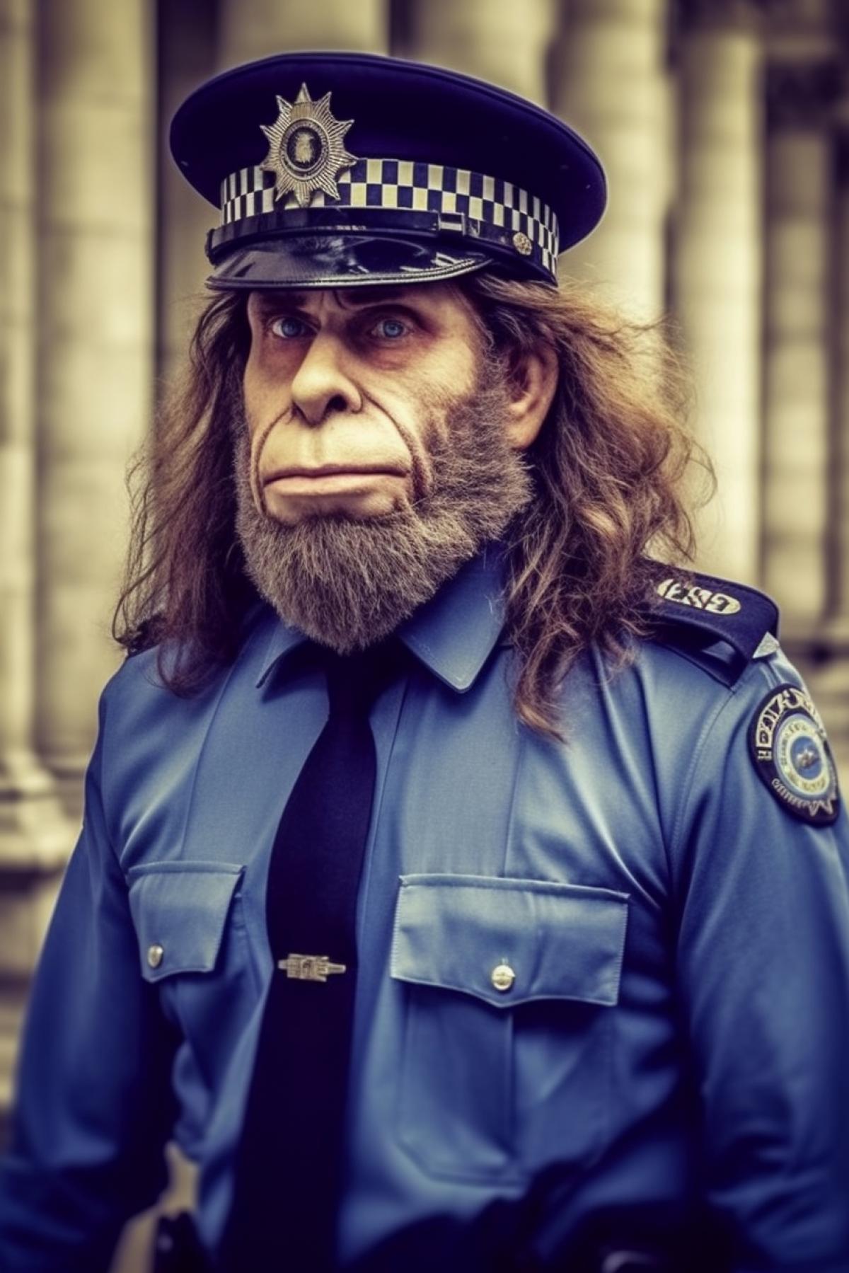 Neanderthals in police uniforms patrol the ancient world of Neanderthals