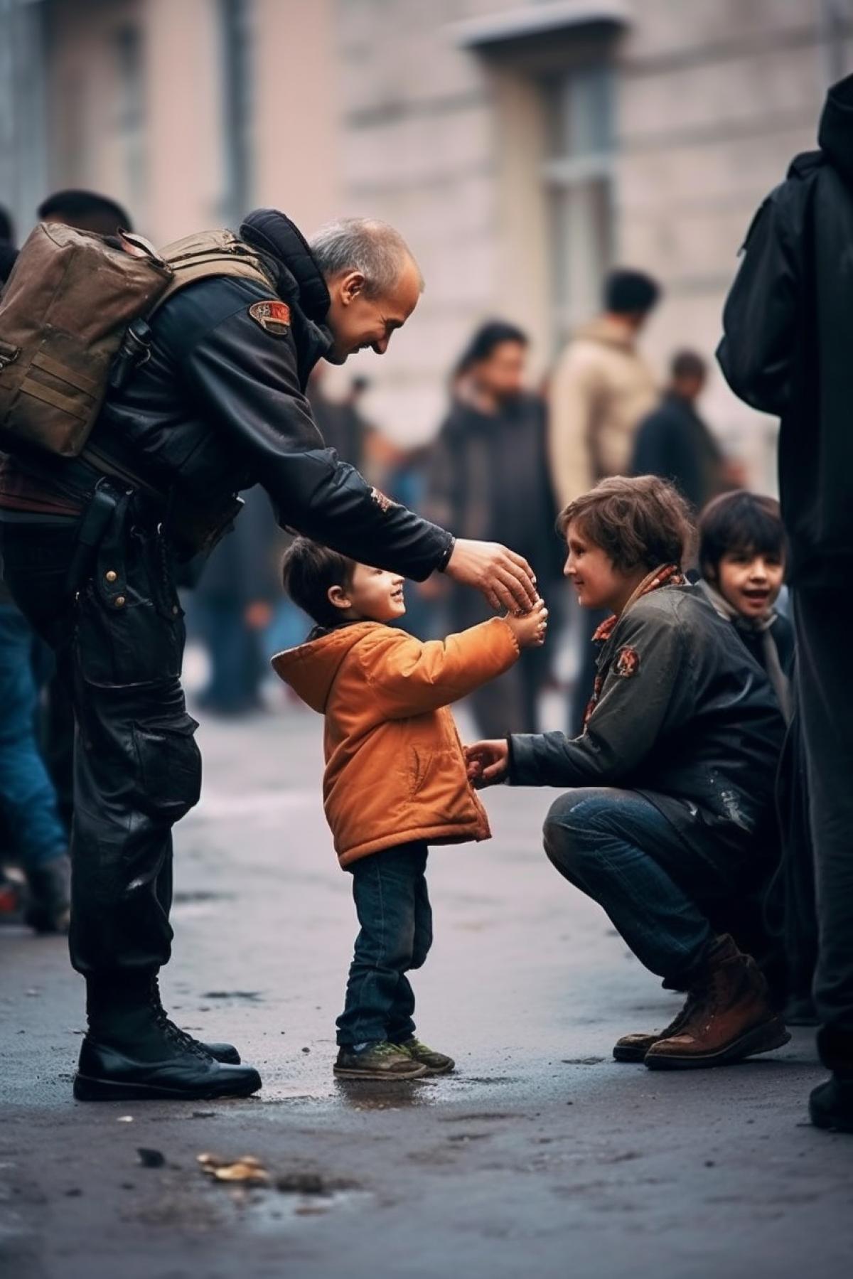 Create an image: the police guy is very modest, he waters and feeds hungry children, protects them, they love him very much. One child hugs his neck while he feeds the other. At this time, another fat, ugly, angry policeman is standing over the police guy and reproaches him, with a dissatisfied face. He has money in his pockets