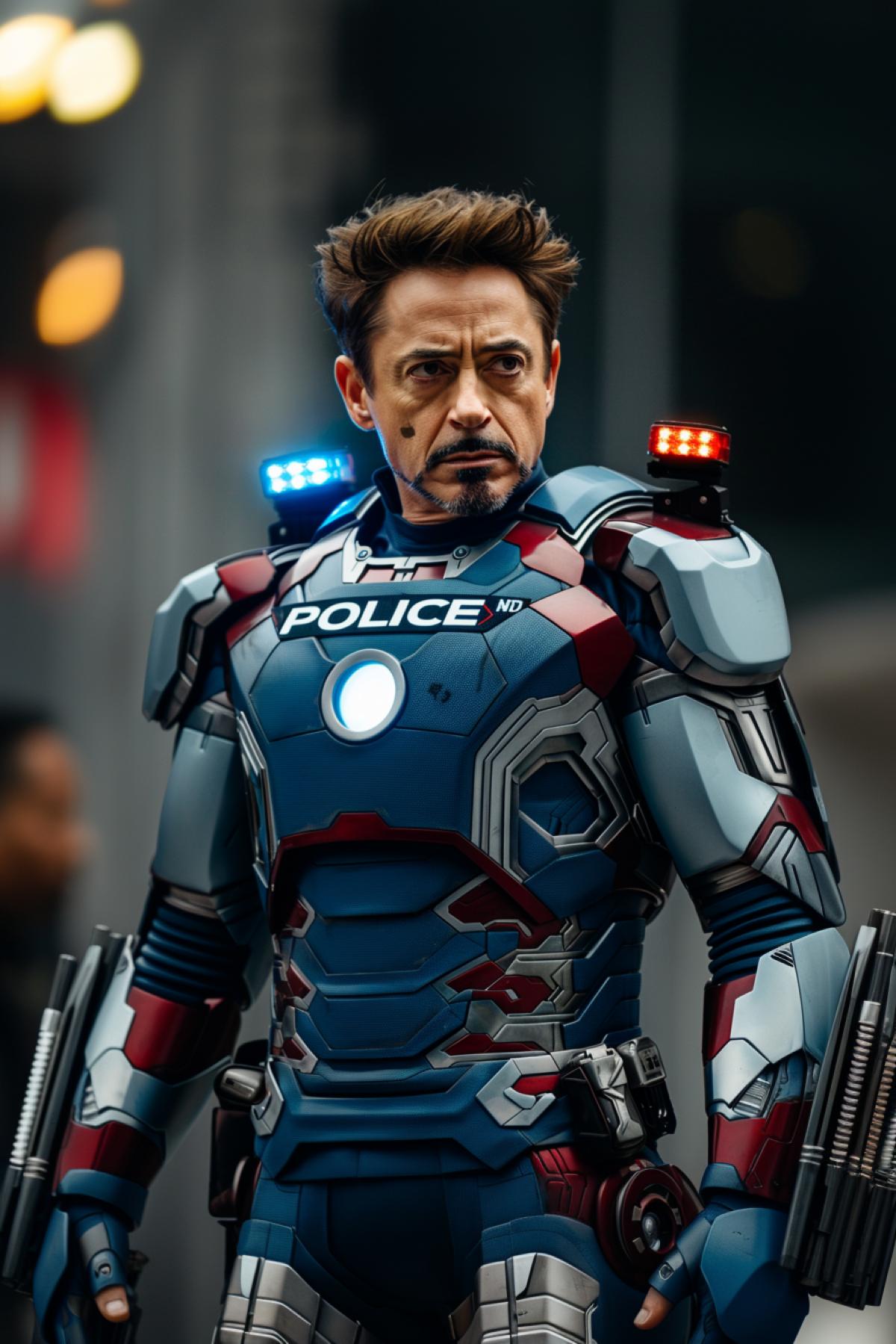 Robert Downey Jr. wearing a blue and white Iron Man suit with the word \"POLICE\" on the detailed and red and blue beacons on the shoulders