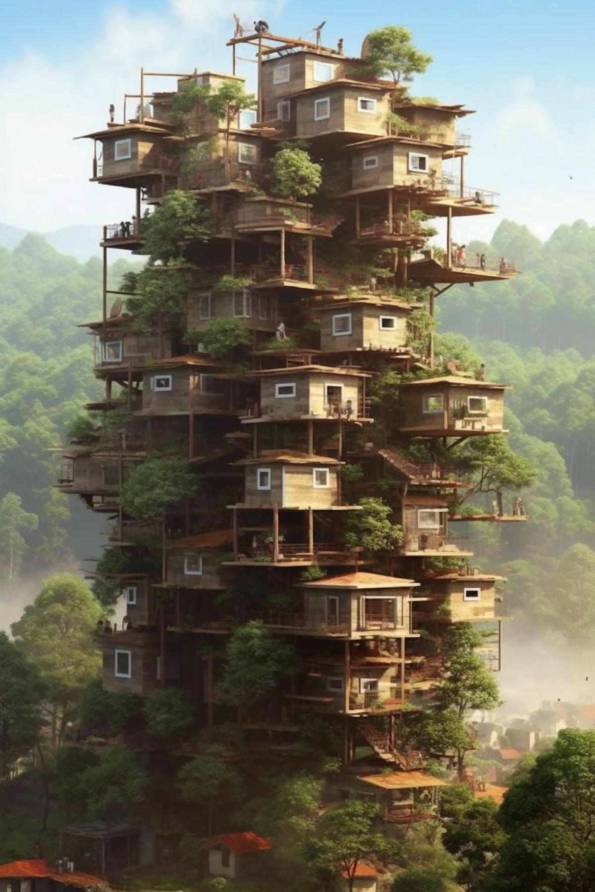 Exquisite city on tree branches, multi-story tree houses