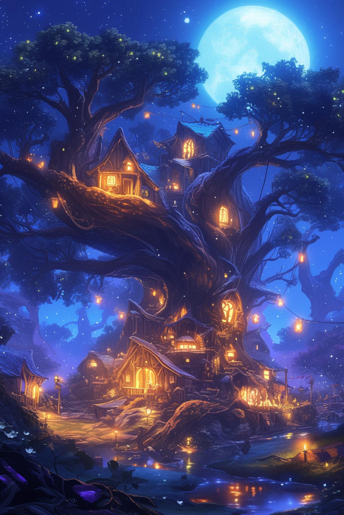 large elven tree with houses on the branches, fantasy tree, beautiful tree, night, meadows, cold moonlight, paths, in dynamics, highly detailed, packed with hidden details, style, high dynamic range, hyper realistic, realistic attention to detail, highly detailed, 32K, realism, colorful realism