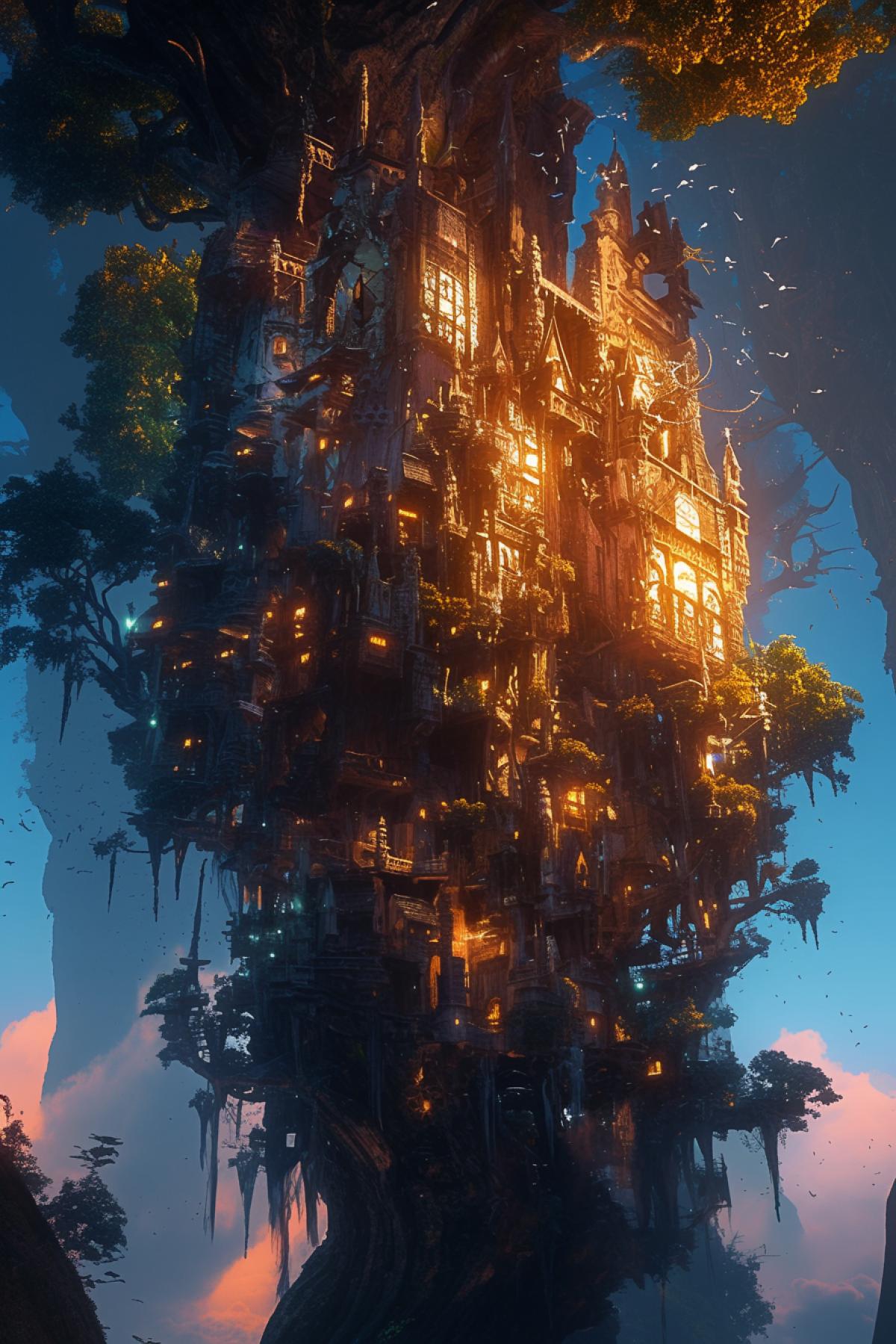 wooden castle on a tree, wooden castle on a tree, room lights, fantasy style, dark fantasy, horror style, twilight, fog, castle on a tree, epic, bottom-up view, mysterious, by Stefan Koidl, in dynamics, highly detailed, packed with hidden details, style, high dynamic range, hyper realistic, realistic attention to detail, highly detailed, 32K, realism, colorful realism