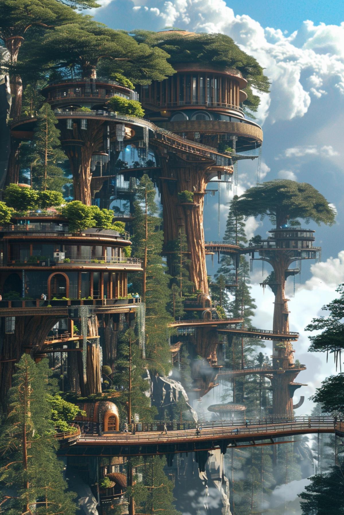 a future world in which people live on giant trees, new technologies made of wood and glass, giant tree houses reach the clouds