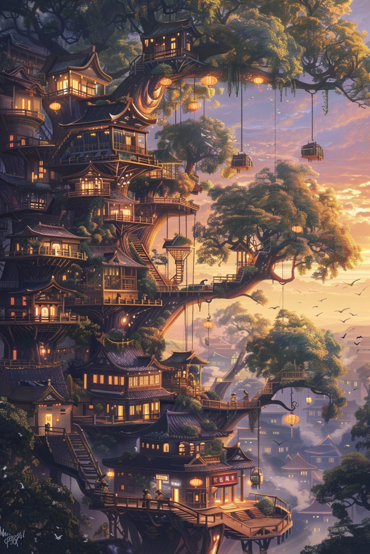 An intricate view of a ling tree city, with multi-level platforms and elegant, spiraling staircases wrapping around the enormous trunks. Each level features homes, shops, and public spaces adorned with lanterns and flowering vines. People traverse the heights using pulley-operated elevators and zip lines. The city extends upwards into the clouds, with a spectacular sunset casting golden hues over the treetops. The scene is vibrant and lively, showcasing the ingenuity and communal spirit of a society thriving high above the ground.