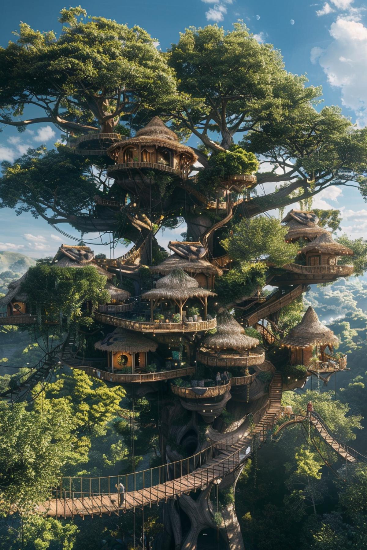 A breathtaking scene of a sprawling treetop village nestled among the colossal branches of ancient, towering trees. The homes are built with natural materials, seamlessly blending with the environment, and connected by rope bridges and winding wooden pathways. People move about, engaging in daily activities such as gardening in hanging planters and gathering around communal fire pits. The sky above is a brilliant blue with wisps of clouds, while the dense foliage below creates a lush, green canopy. The atmosphere is serene and harmonious, highlighting the unique, elevated lifestyle of this arboreal community.