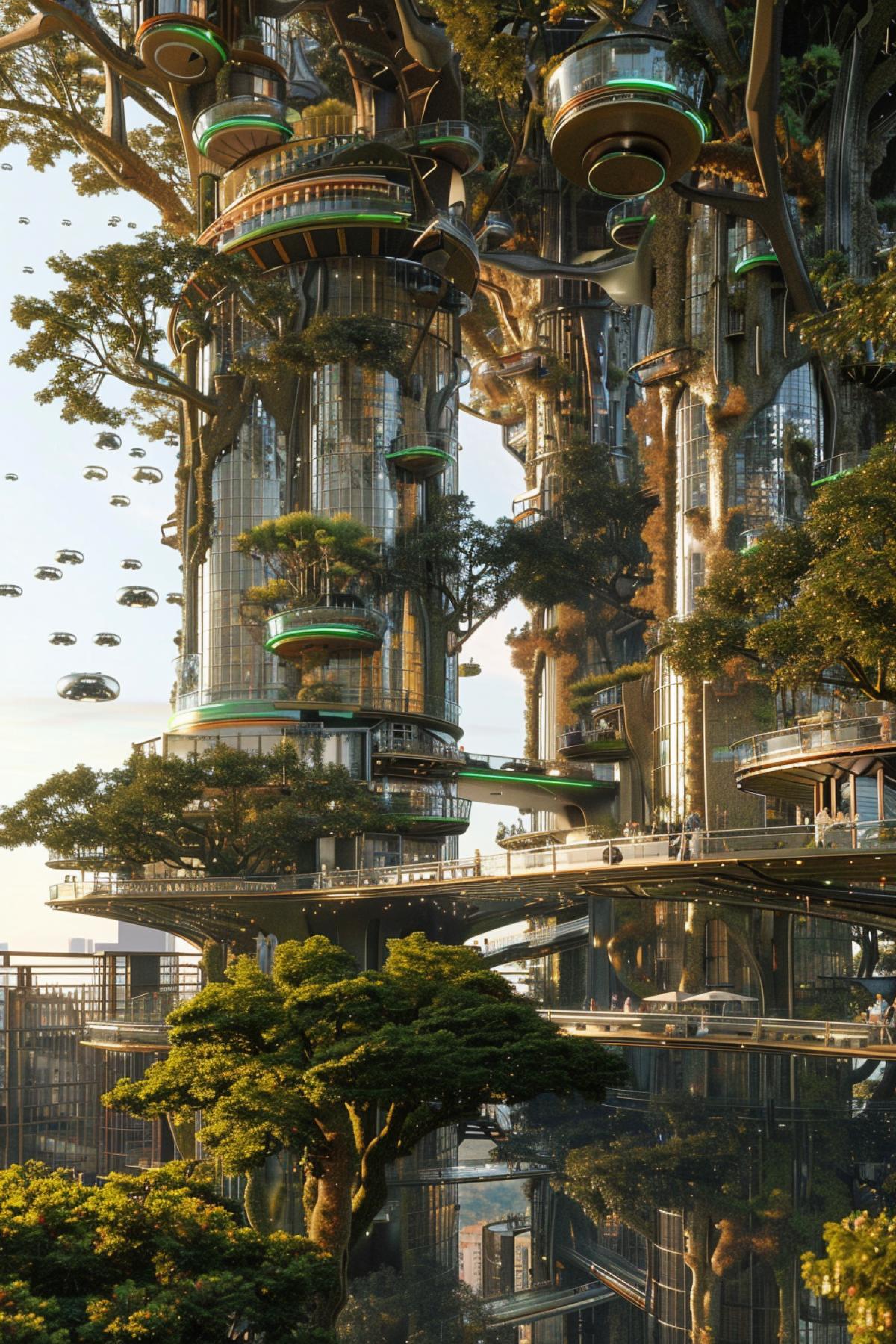 A futuristic tree city with sleek, modern dwellings built into the massive trunks and branches of colossal trees. The architecture combines glass, metal, and organic materials, featuring solar panels and wind turbines integrated into the design. Elevated walkways and transparent tubes for rapid transportation connect various sections of the city. People in stylish, eco-friendly attire engage in high-tech activities, from virtual reality games to advanced research labs. The sky above is clear with flying vehicles zipping by, highlighting a harmonious blend of nature and technology in this visionary arboreal habitat.