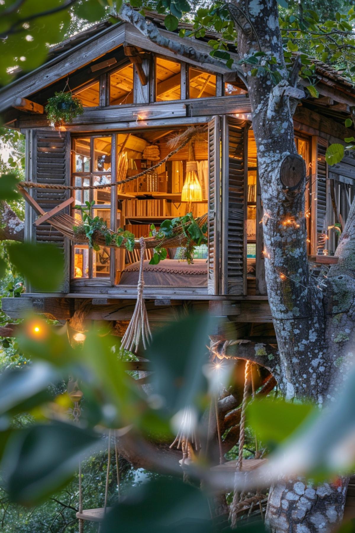 A close-up view of a cozy, intricately designed treehouse nestled in the branches of a massive tree. The treehouse features large windows with beautiful wooden shutters, a small balcony adorned with hanging plants, and a rope ladder leading to the ground. Inside, a warmly lit interior can be seen, with bookshelves carved into the tree trunk, a comfortable hammock, and handmade decorations. The surrounding leaves and branches create a natural frame, emphasizing the harmonious and 4k living space among the trees.