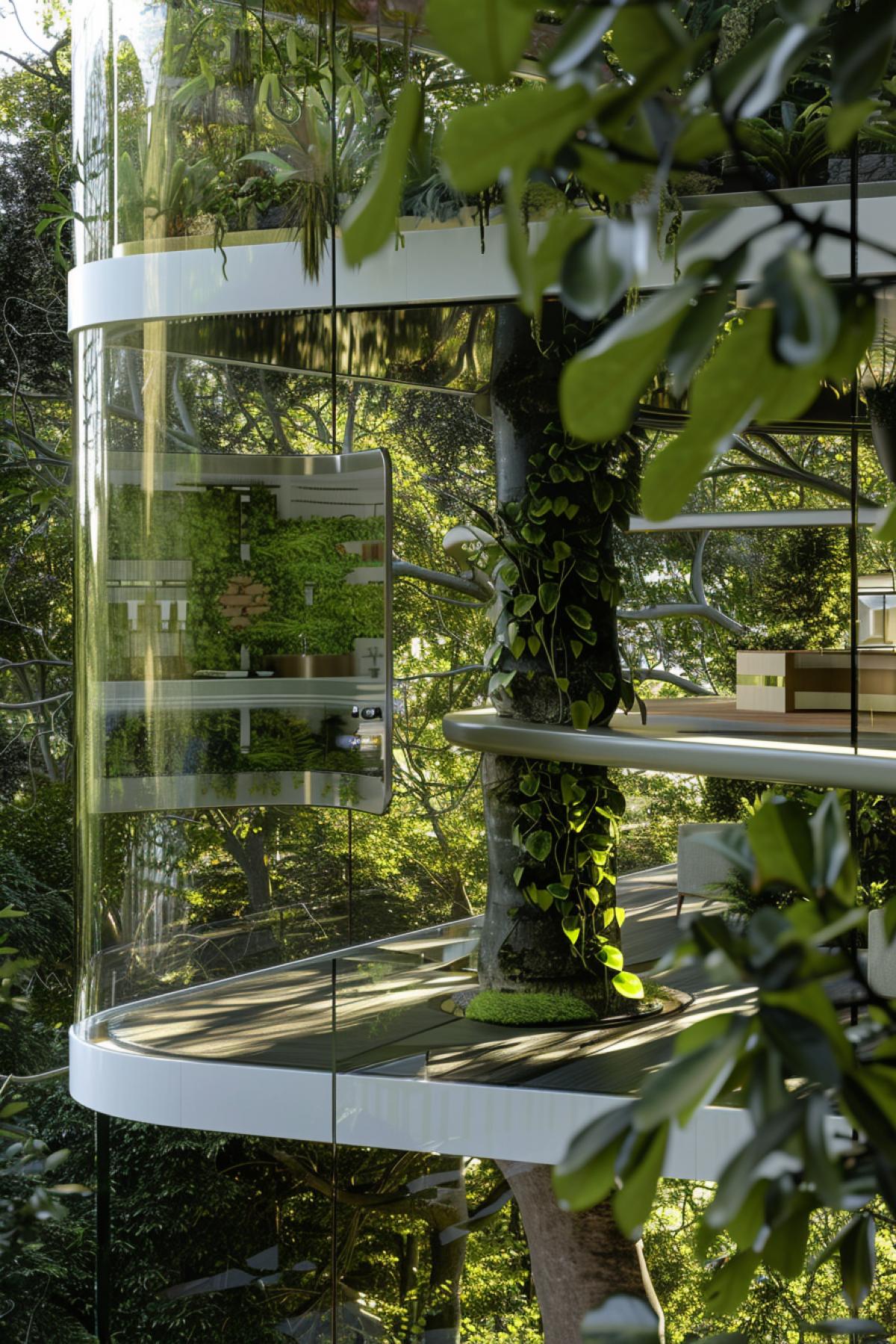 An up-close look at a futuristic tree dwelling, showcasing advanced technology seamlessly integrated with the natural environment. The house features transparent walls made from high-tech materials, allowing an unobstructed view of the surrounding foliage. Inside, modern furniture and gadgets are visible, including a holographic interface and a vertical garden growing along the interior walls. Outside, a sleek, suspended walkway connects this home to others in the tree city. The focus on the fusion of nature and technology highlights the innovative lifestyle in this unique arboreal society.