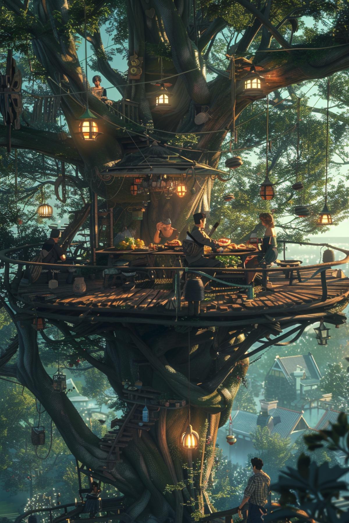 A detailed scene of a family enjoying a meal on a large, circular tree platform. The platform is supported by thick branches and surrounded by lush greenery. The table is set with fresh fruits, vegetables, and rustic tableware. The family members, dressed in simple, comfortable clothing, are engaged in lively conversation and laughter. Hanging lanterns and wind chimes create a cozy atmosphere, while the background reveals other tree platforms and homes nestled among the branches. This close-up view emphasizes the warmth, connection, and simplicity of life in the trees.