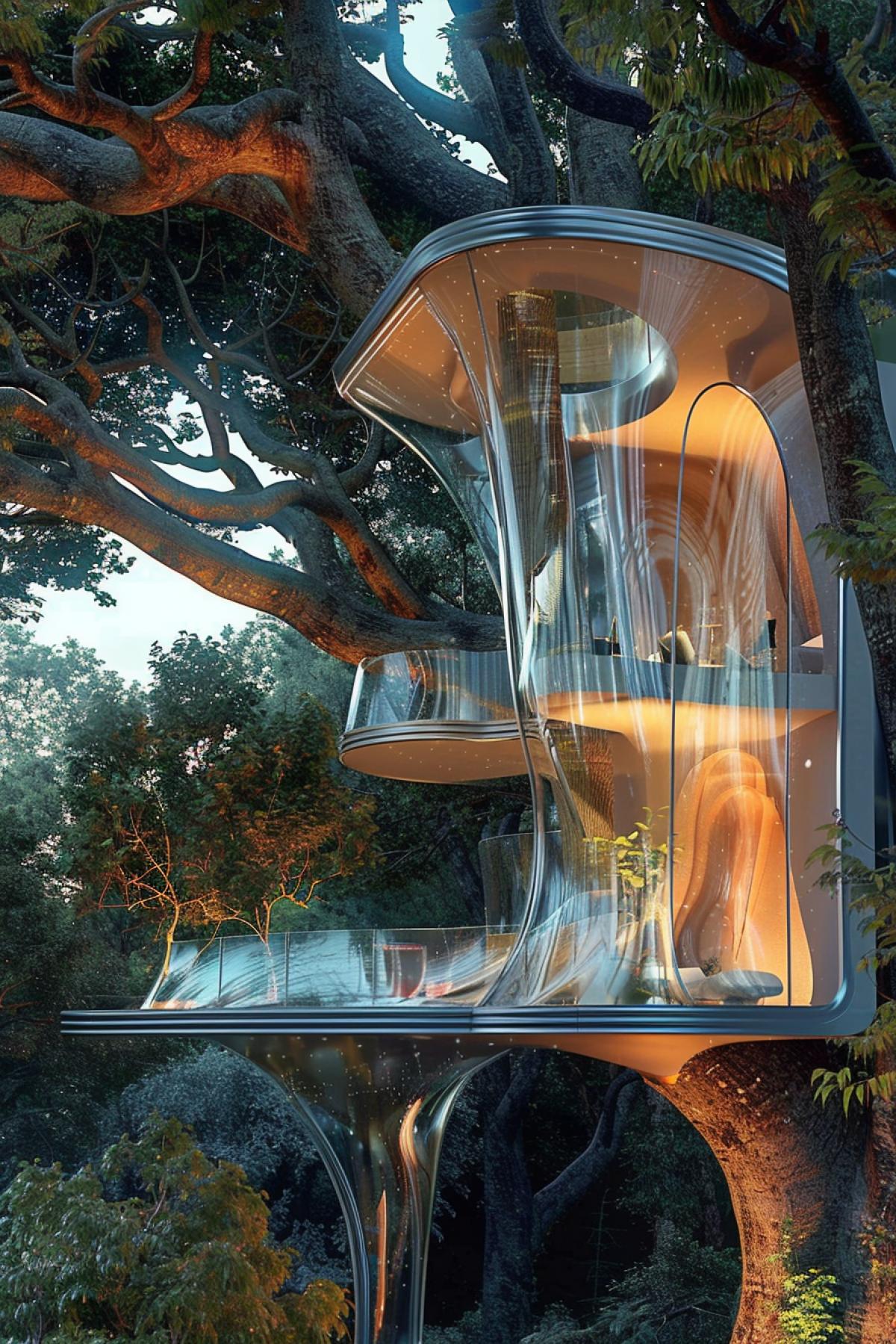 An ethereal, elven-inspired treehouse designed by Zaha Hadid, blending organic forms with futuristic architecture. The structure is seamlessly integrated into the colossal branches of an ancient tree, featuring flowing, curved lines and large, sweeping glass panels. The treehouse is adorned with intricate elven carvings and illuminated by bioluminescent plants. Inside, sleek, minimalist furniture is arranged in open, airy spaces with floor-to-ceiling windows providing breathtaking views of the forest canopy. The scene captures the magical, otherworldly essence of elven design combined with Hadids innovative architectural style.