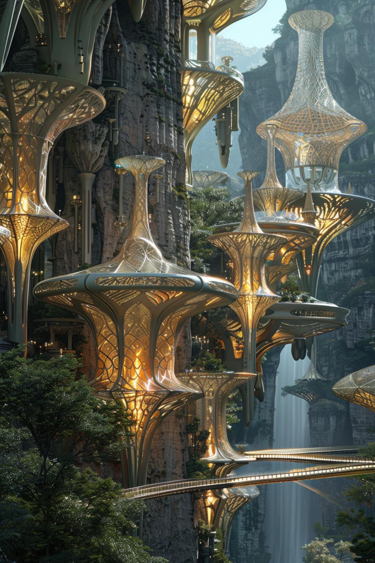 A striking elven city in the trees, inspired by Zaha Hadids architectural genius. The city features multiple levels of interconnected, organically shaped structures that blend seamlessly with the massive tree trunks. Each building has a unique, flowing design with transparent walls and luminescent accents. Elevated walkways and bridges with intricate elven patterns connect the structures, creating a network of ethereal pathways. The background reveals a cascading waterfall and distant mountains, while soft, ambient lighting enhances the mystical and futuristic atmosphere of this arboreal elven metropolis.