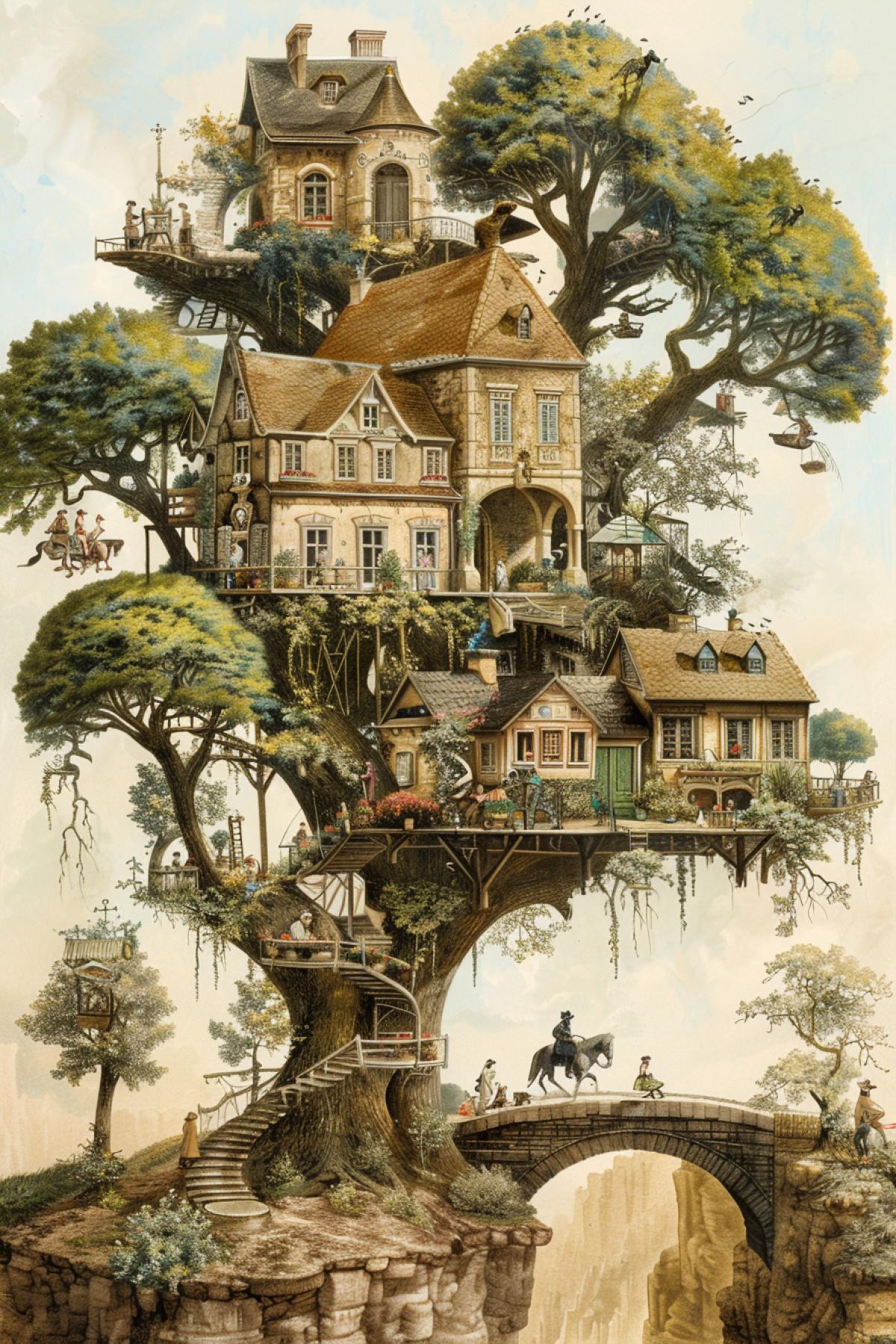 Ispalian trees, on which houses are built, gardens on the roofs, trees are connected to each other by bridges, people walk across the bridges on foot and on horseback