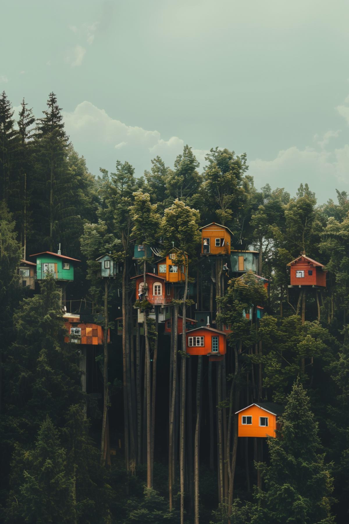 Houses on tall trees, tall people, city, action, realistic image, good quality photography, another planet, minimalism, dystopia