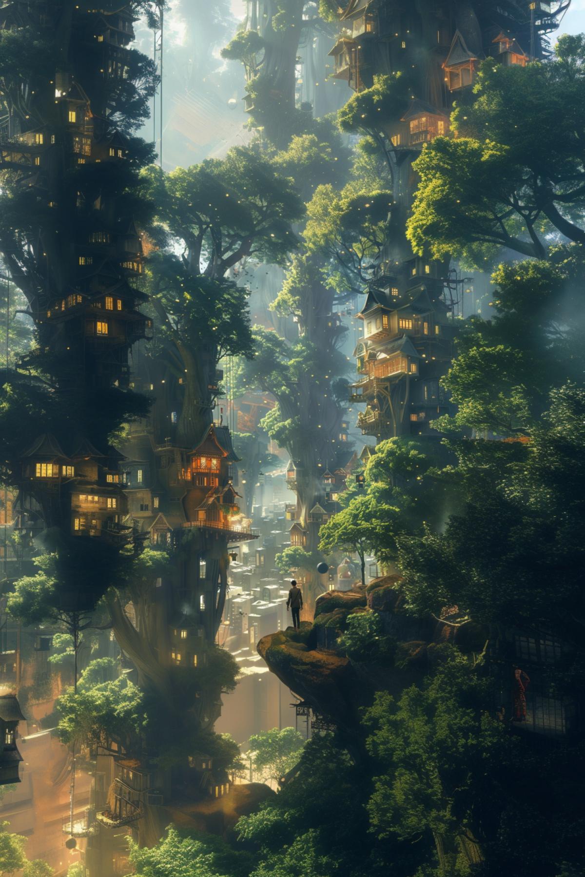 Houses on tall trees, tall people, city, action, realistic image, good quality photography, another planet, minimalism, dystopia