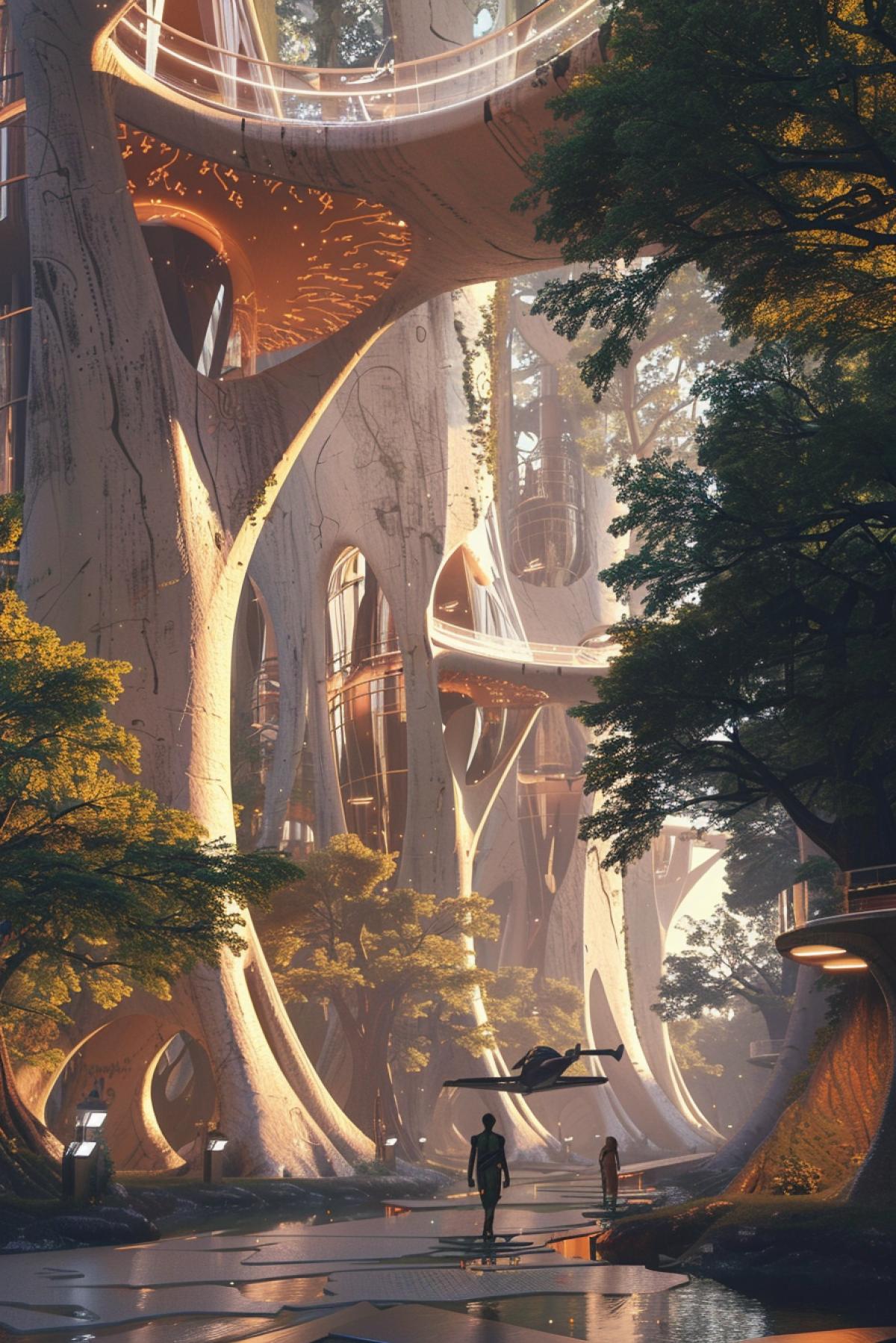 A mesmerizing elven tree city with a futuristic flying vehicle dock inspired by Zaha Hadids architecture. The dock is seamlessly integrated into the massive tree trunks, featuring flowing, organic shapes and transparent materials. The landing platforms are suspended among the branches, connected by sleek, illuminated walkways. Flying vehicles, designed with sleek curves and luminescent patterns, hover gently as they dock. Elven guards and inhabitants, dressed in elegant attire, move gracefully around the area. The scene is bathed in soft, ambient light, highlighting the blend of nature, advanced technology, and elven elegance.